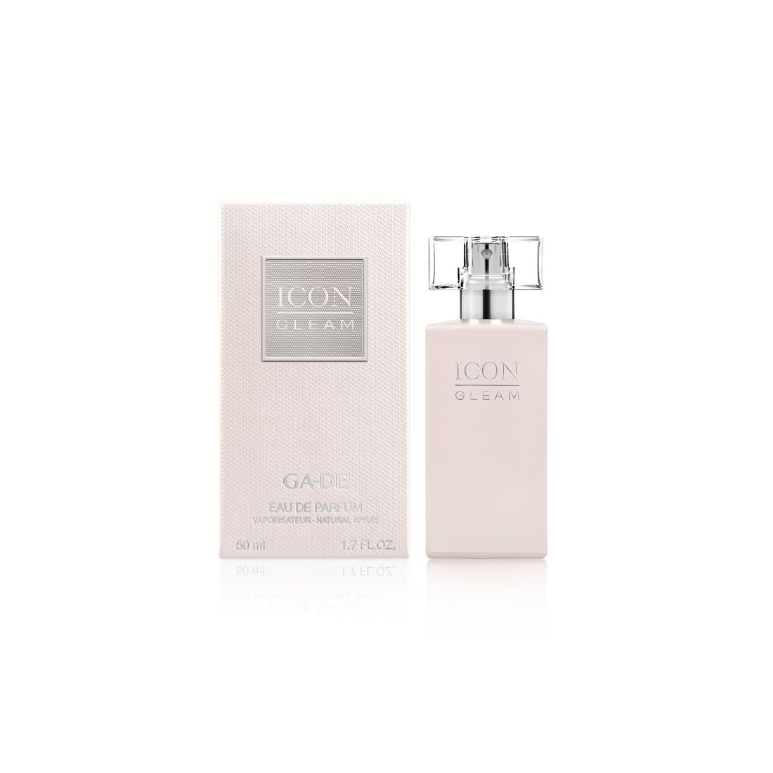 Ga-De Icon Gleam Edp. Rechteckiger Flakon und Verpackung. Text: Icon Gleam, Ga-De, Eau de Parfum Natural Spray. 50 ml, 1.7 fl.oz.