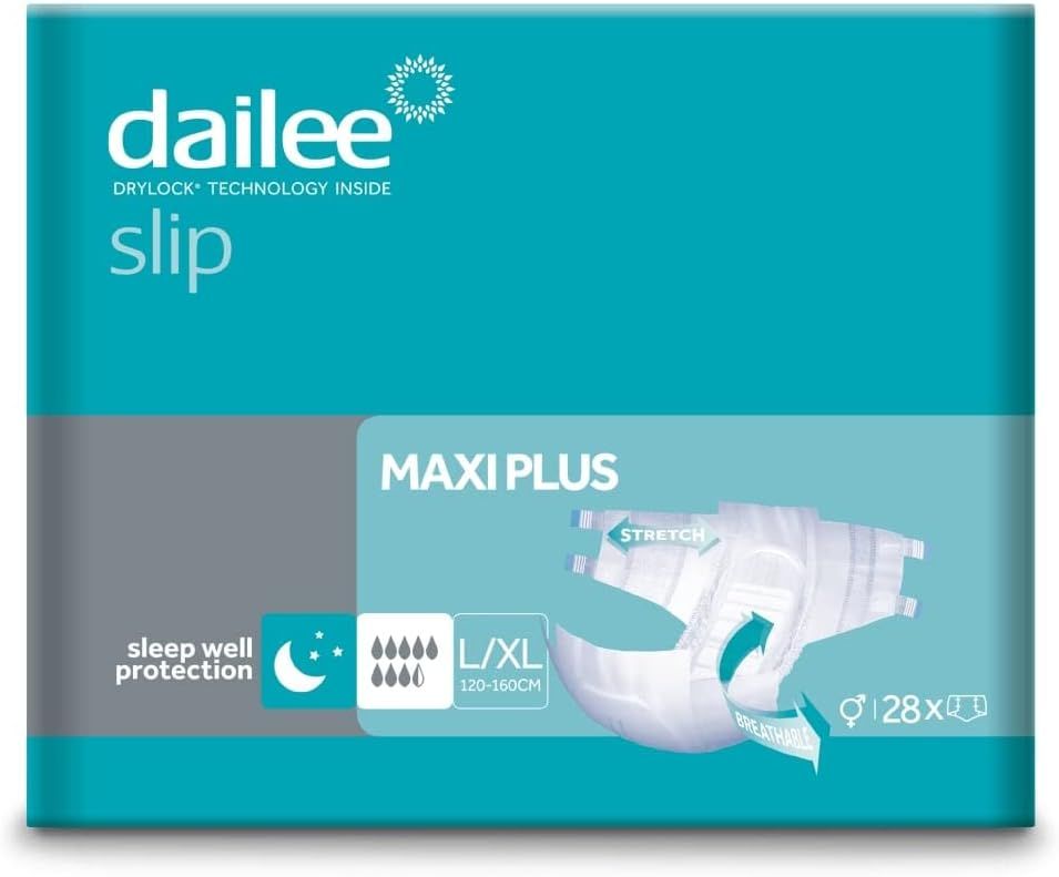 Verpackung von Dailee Slip Maxi Plus. Türkis-weißes Design mit Produktabbildung und Größenangaben. L/XL, 120-160cm, 128 Stück.