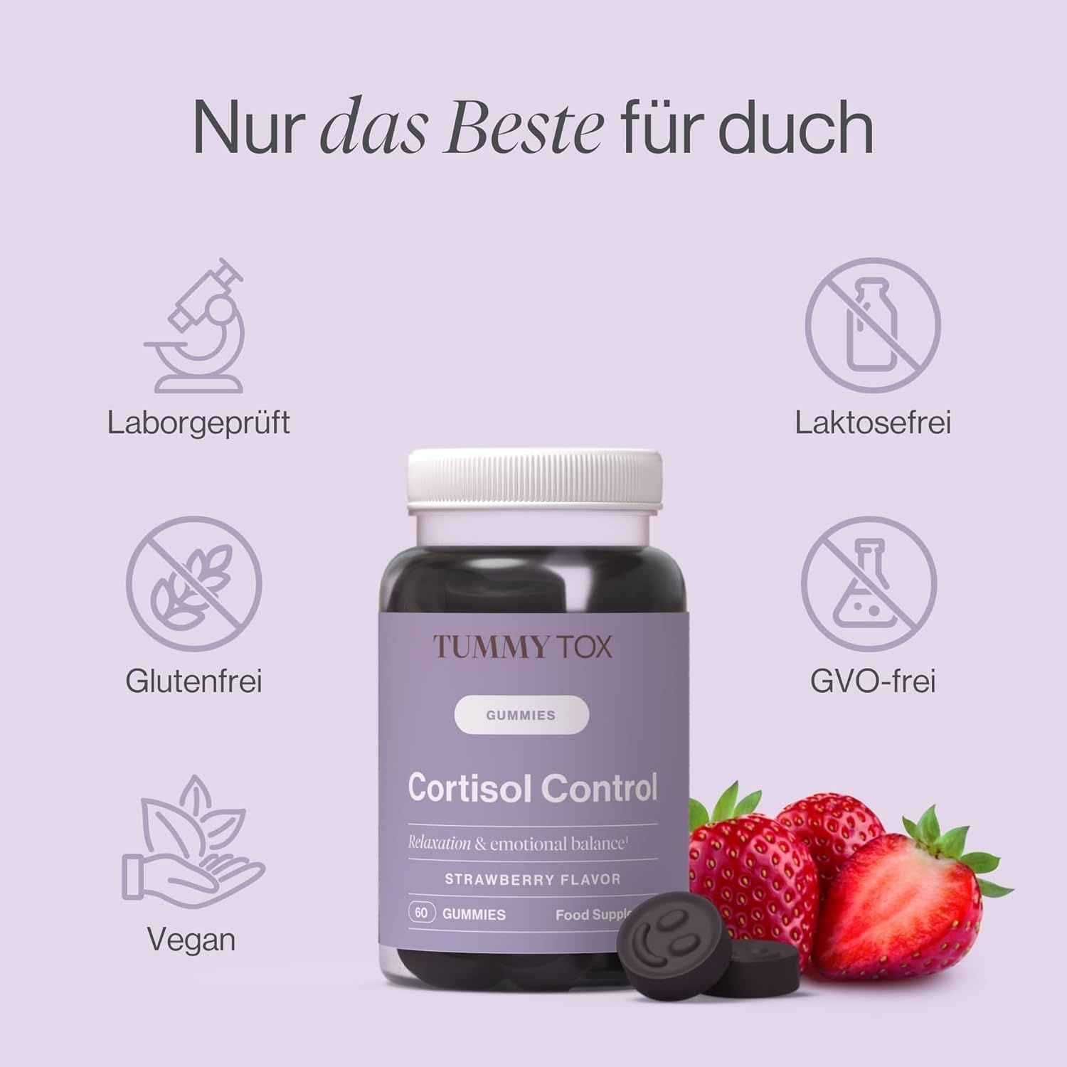 Tummy Tox Gummies-Flasche mit Erdbeeren und Symbolen: Laborgeprüft, laktosefrei, glutenfrei, vegan, GVO-frei.