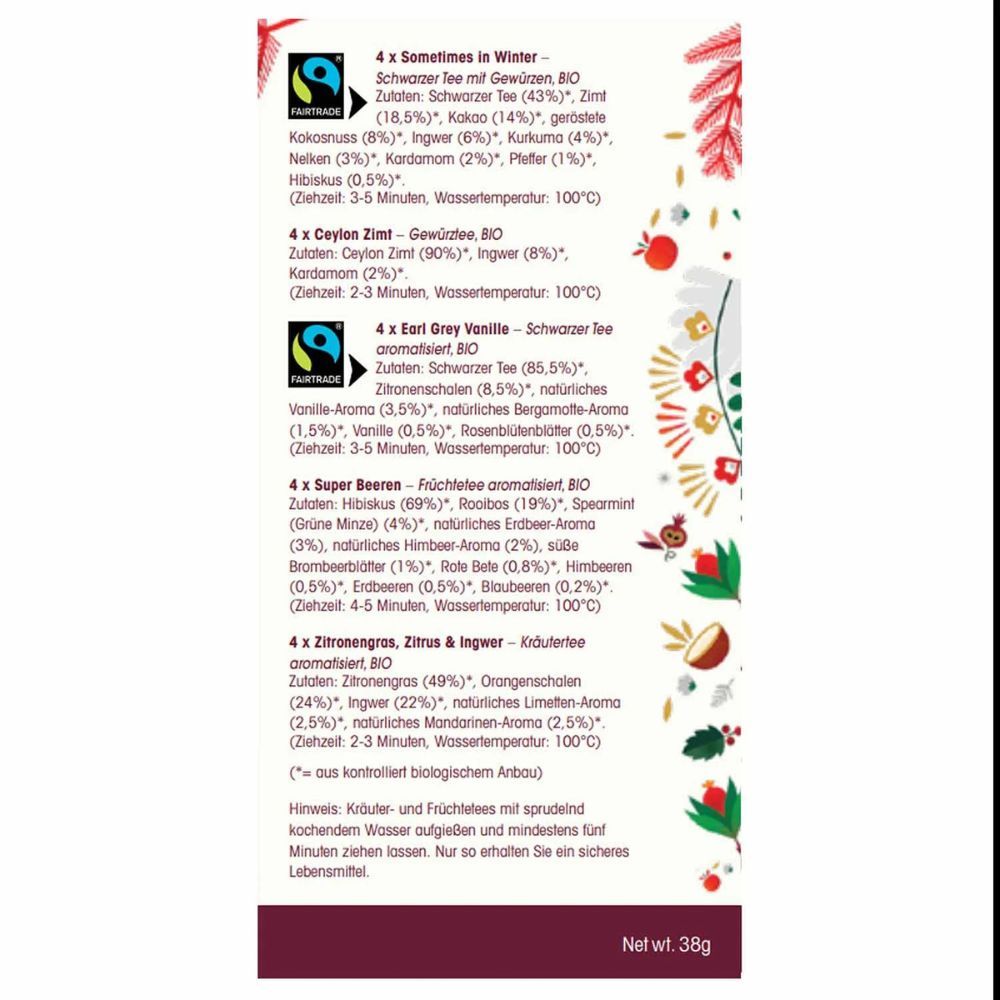 Rückseite der Teegeschenkbox mit Zutatenliste und Zubereitungshinweisen. English Tea Shop Logo. Bio-Zertifizierung.