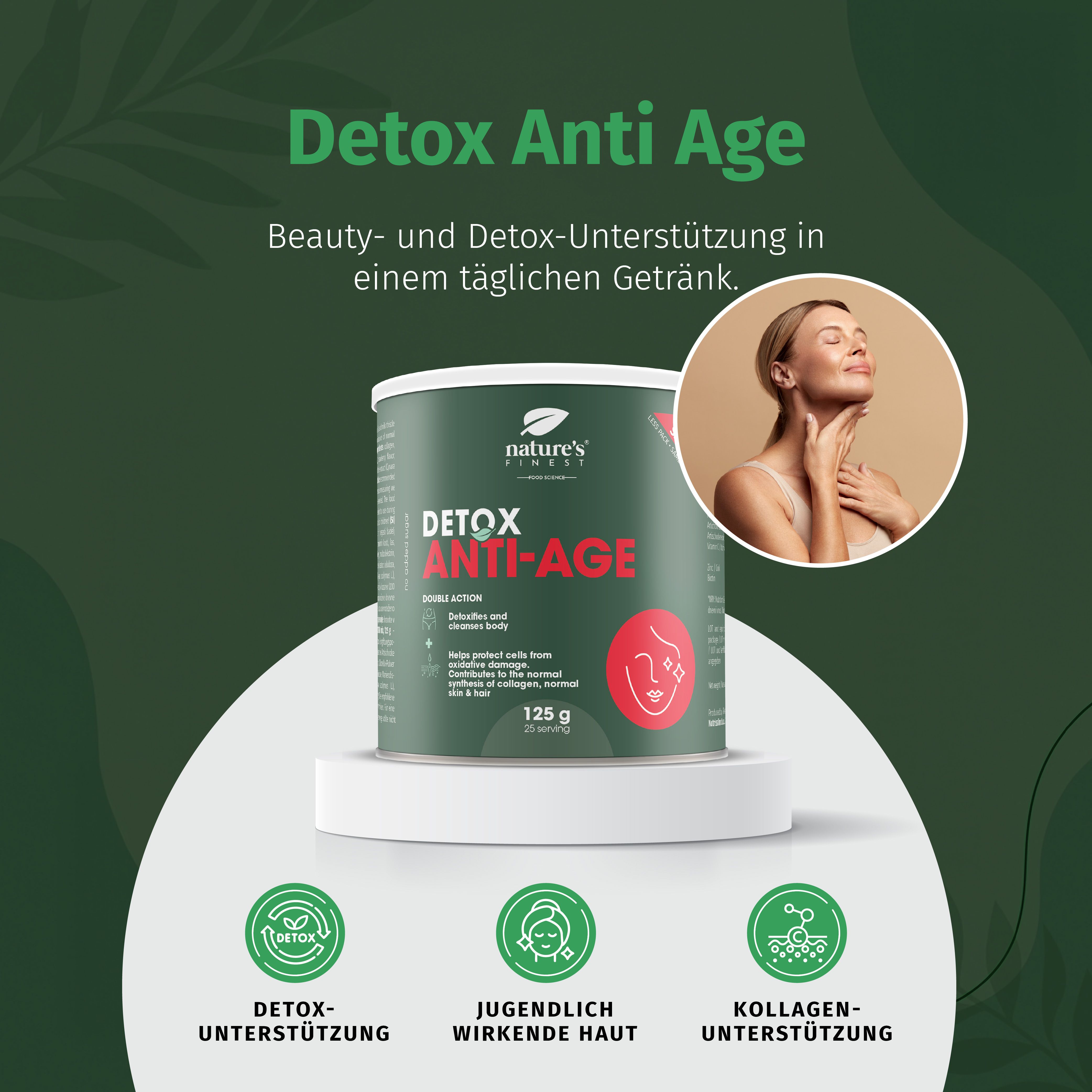 Dose Nature's Finest Detox Anti-Age Pulver auf einem Podest, mit Icons für Detox, jugendliche Haut und Kollagen.