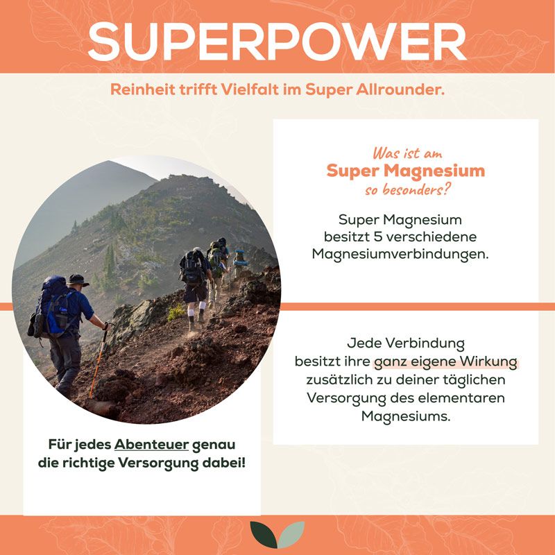 Infografik: Wanderer auf Bergpfad. Text über "Super Magnesium" und 5 Magnesiumverbindungen. Für tägliche Versorgung.