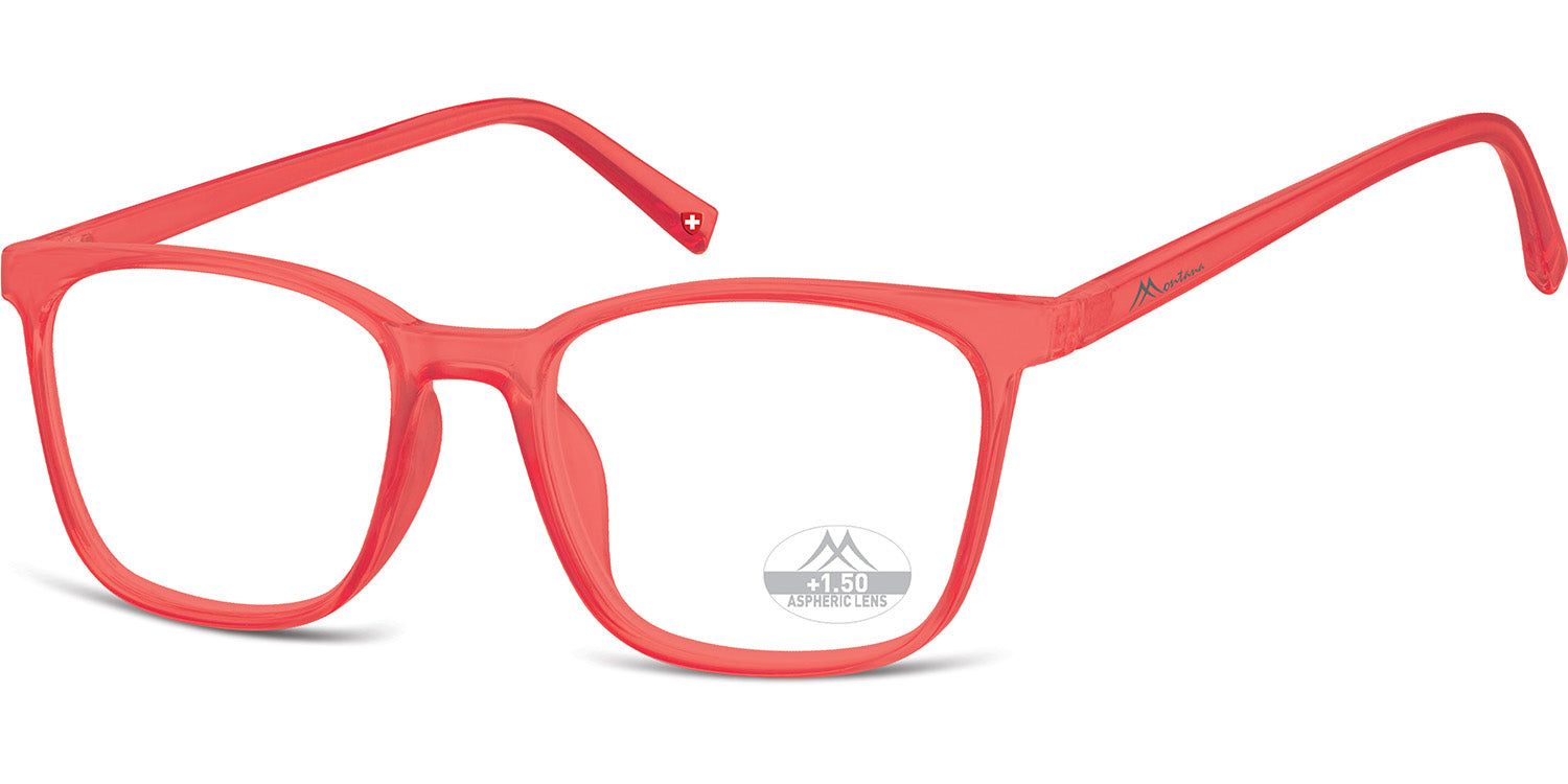 Rote Brille mit rechteckigen Gläsern. Bügel mit Logo. Auf den Gläsern ist ein Logo abgebildet.
