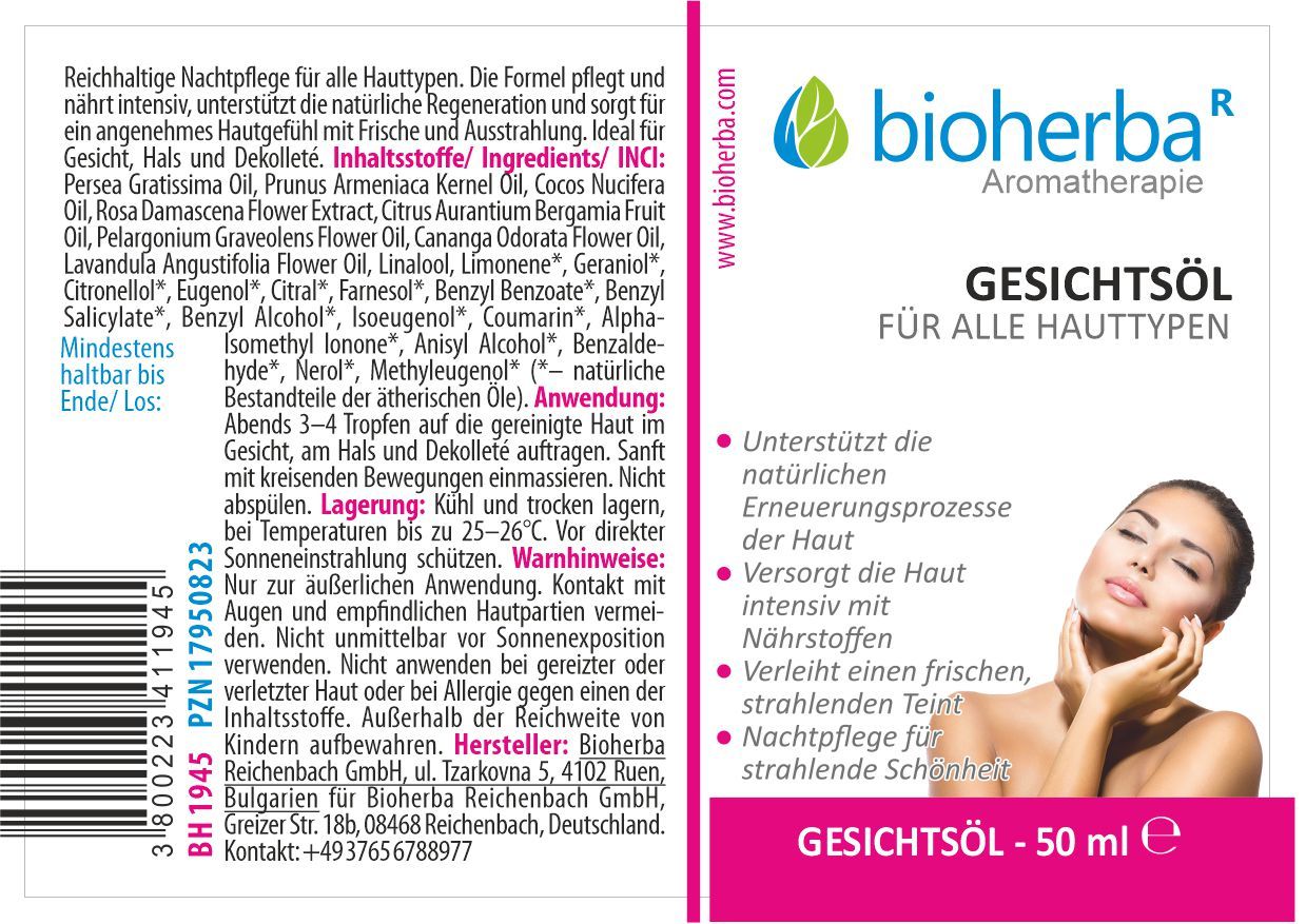 Etikett mit Produktname und Logo. Text in deutscher Sprache. Frauengesicht abgebildet. Flasche mit 50 ml.