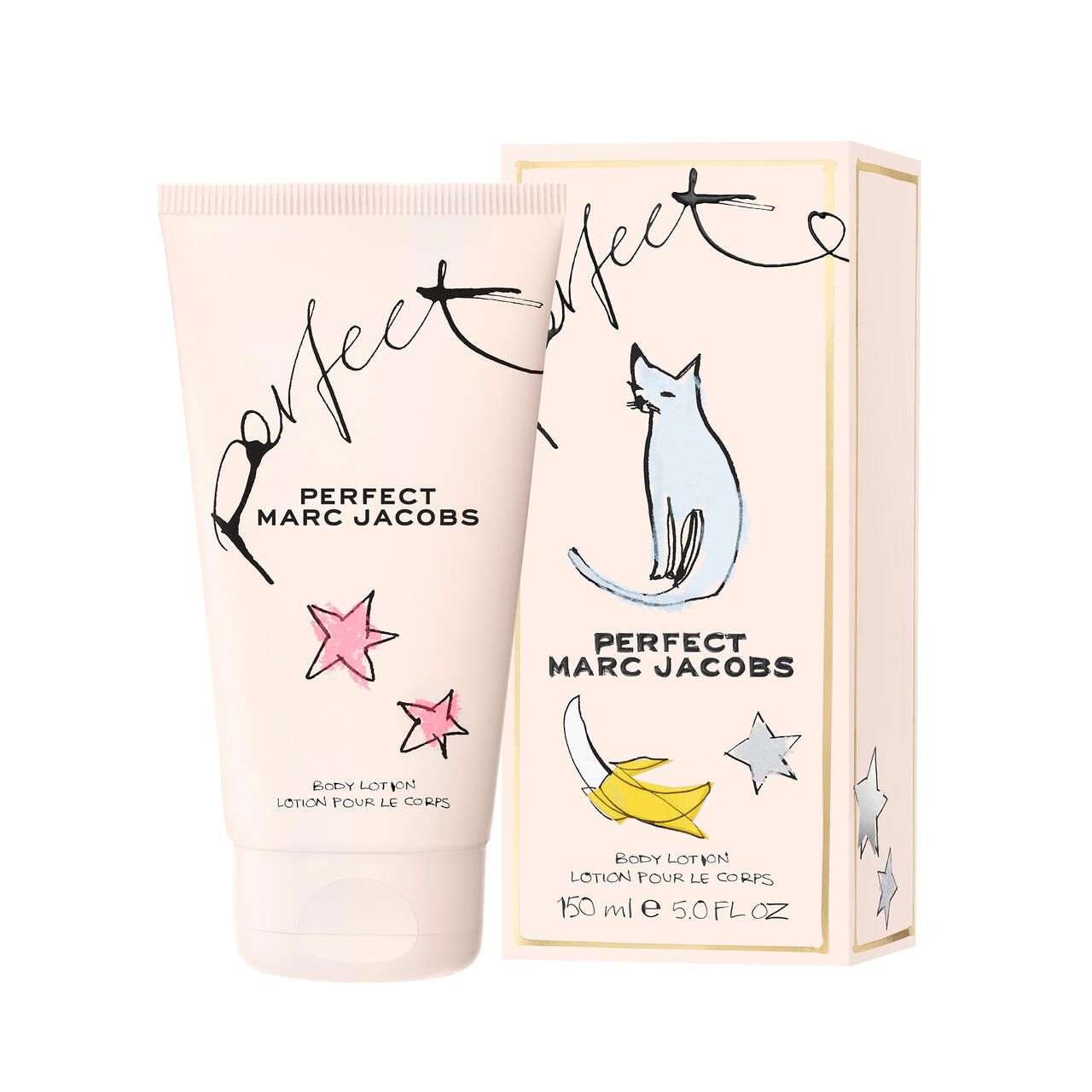 Beige Tube und Schachtel. Aufschrift "Perfect MARC JACOBS". Katze, Banane und Sterne. Text: "Body Lotion".