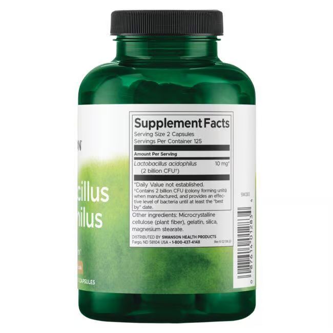 Rückseite der grünen Flasche. Etikett mit Nährwertangaben. Enthält Lactobacillus acidophilus. Zutatenliste und Kontaktinformationen.