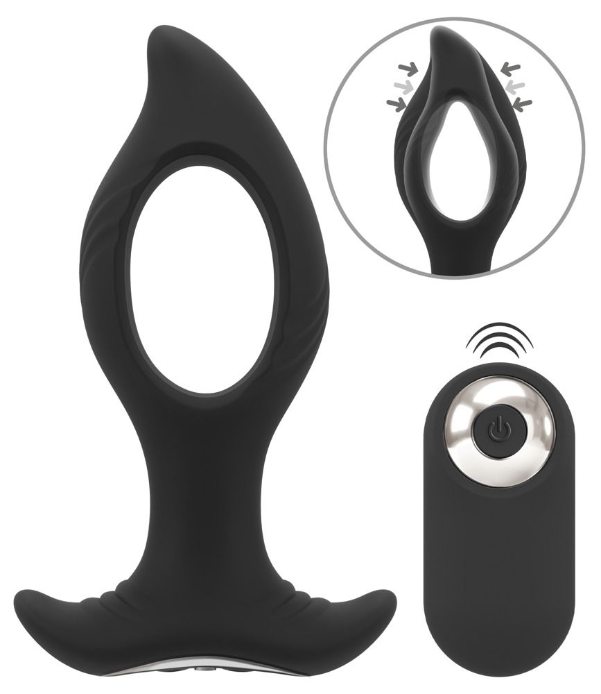 Schwarzer Analplug mit Loch-Design, Fernbedienung und Vibrationssymbolen.
