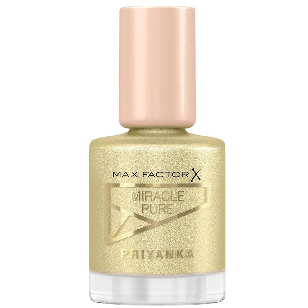 Nagellackflasche mit goldfarbenem Inhalt und rosafarbenem Deckel. Aufschrift: Max Factor Miracle Pure Priyanka.