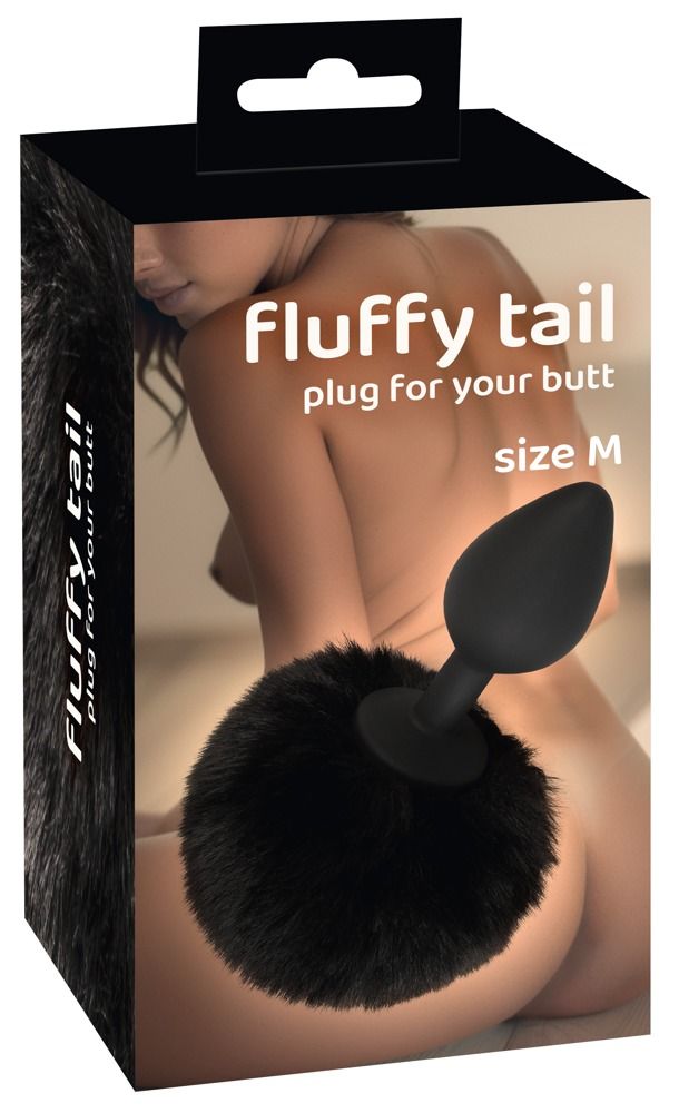 Schwarzer Analplug mit flauschigem Schwanz. Auf der Verpackung steht "Fluffy tail plug for your butt size M".