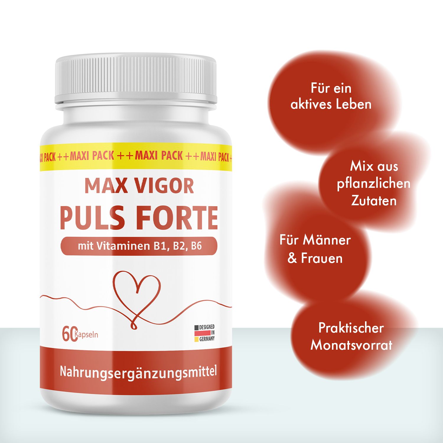 Weiße Flasche mit Max Vigor Puls Forte Kapseln. Rote Akzente mit Text: Für ein aktives Leben, Mix aus pflanzlichen Zutaten, Für Männer & Frauen.