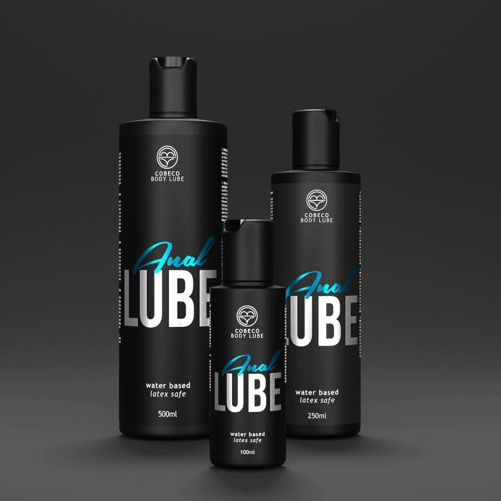 Drei schwarze Flaschen mit Anal Lube in Größen 500ml, 100ml und 250ml.