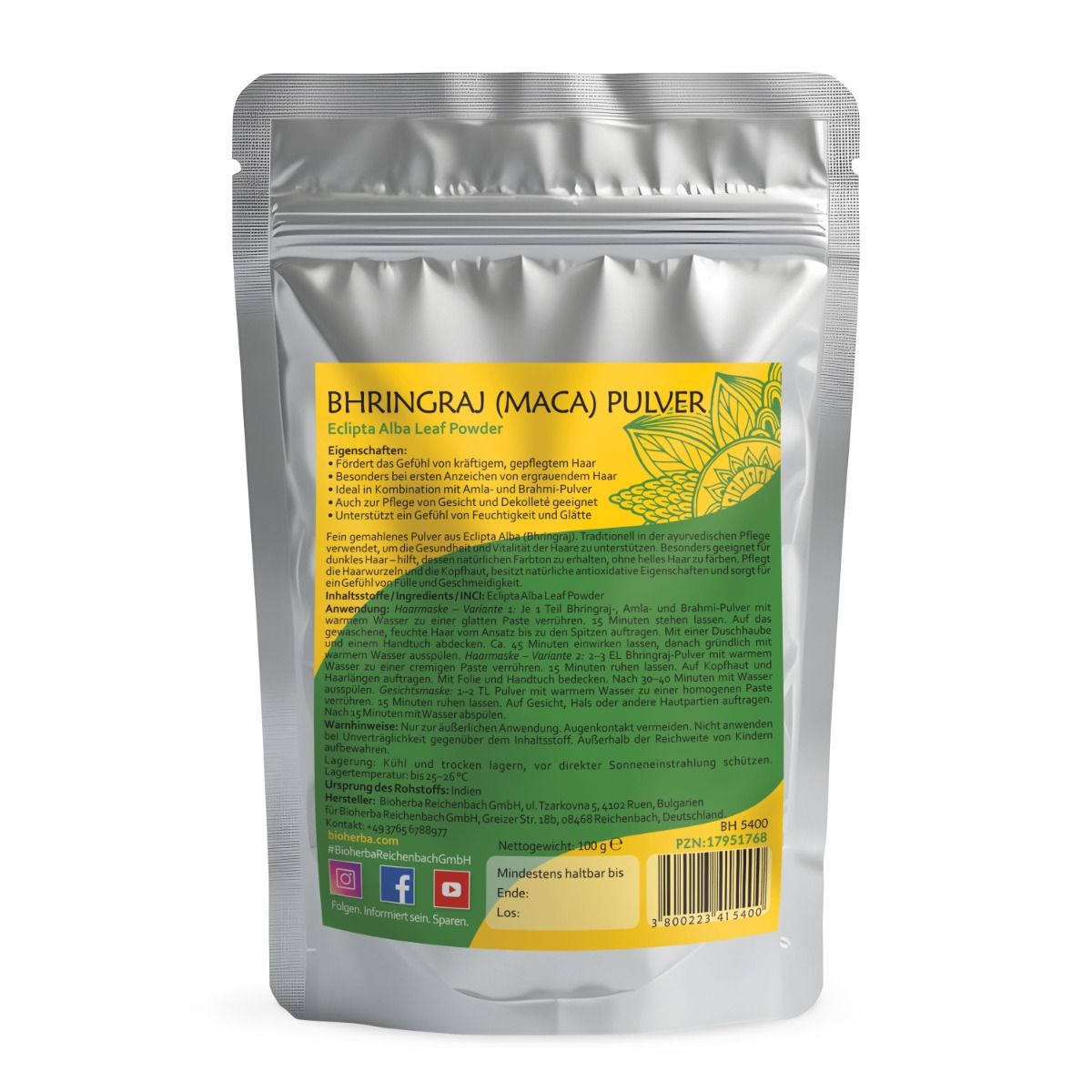 Rückseite des Beutels mit Produktinformationen. Text in Deutsch. Enthält Informationen zu Inhaltsstoffen, Anwendung und Hersteller.