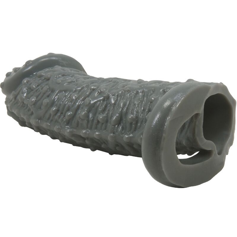 Graue Penishülle mit Noppen und Ring. Oberfläche strukturiert. Geformt für die Anwendung.