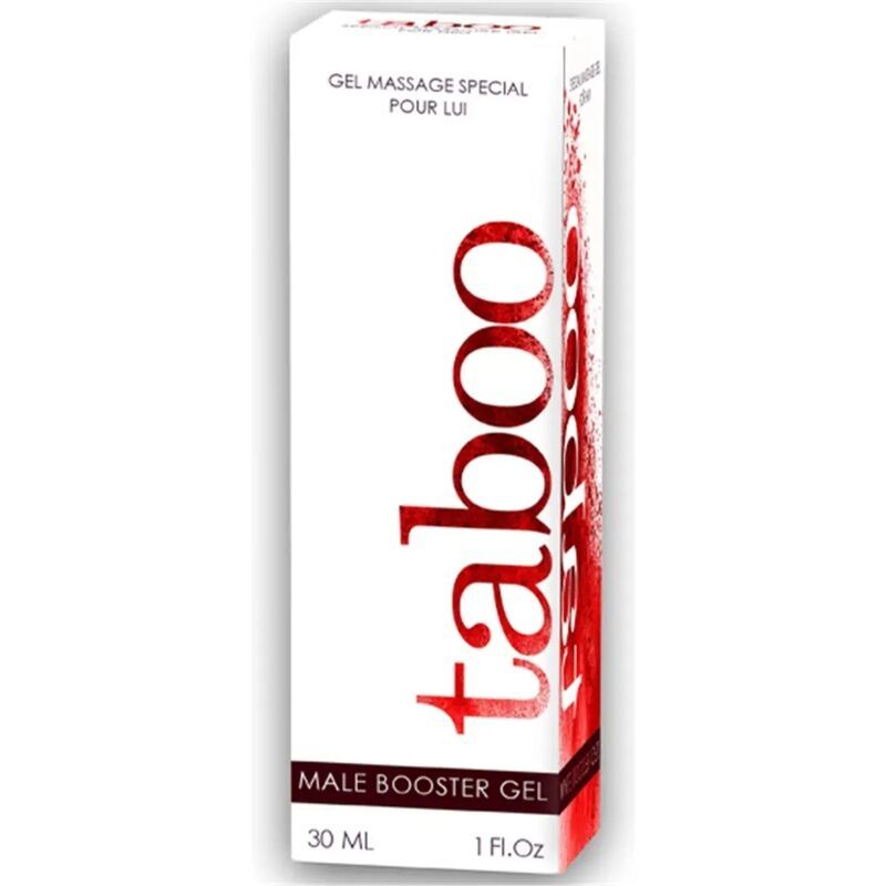 Weiße Verpackung mit rotem Aufdruck "taboo". Text: "GEL MASSAGE SPECIAL POUR LUI" und "MALE BOOSTER GEL".