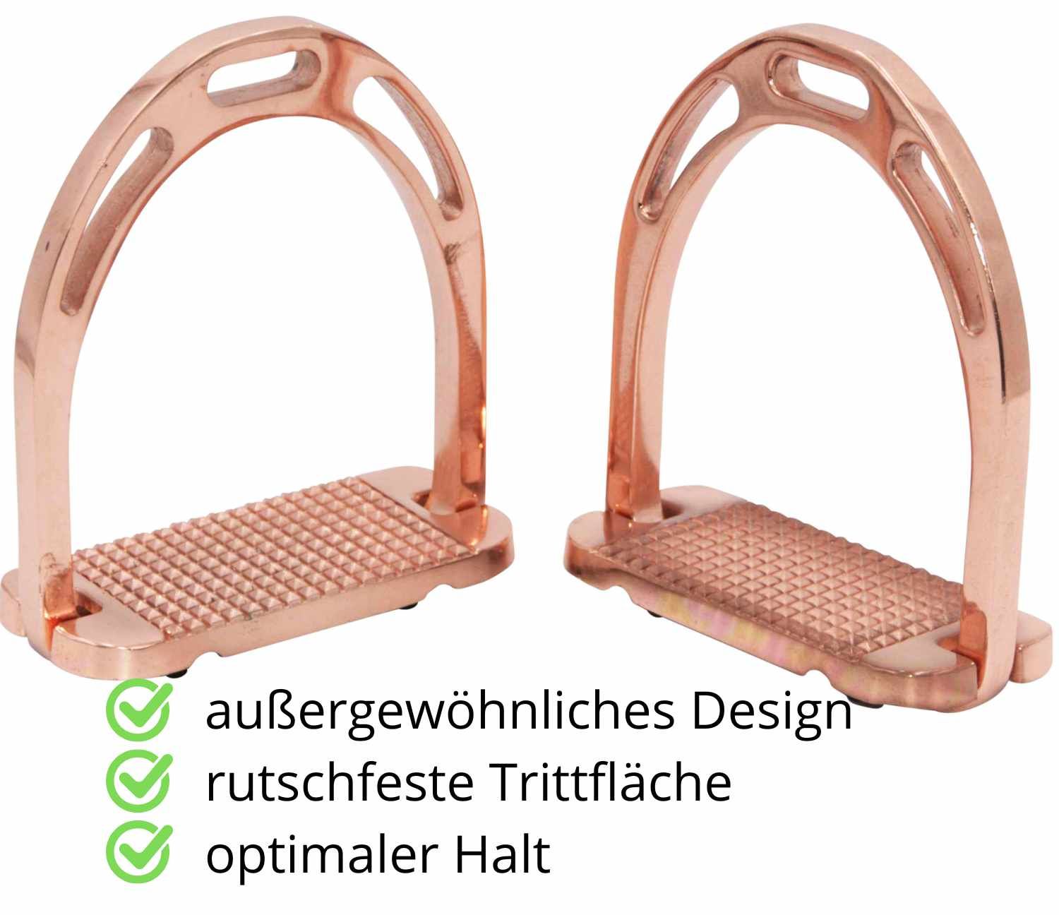 Zwei kupferfarbene Steigbügel aus Aluminium. Text: außergewöhnliches Design, rutschfeste Trittfläche, optimaler Halt.