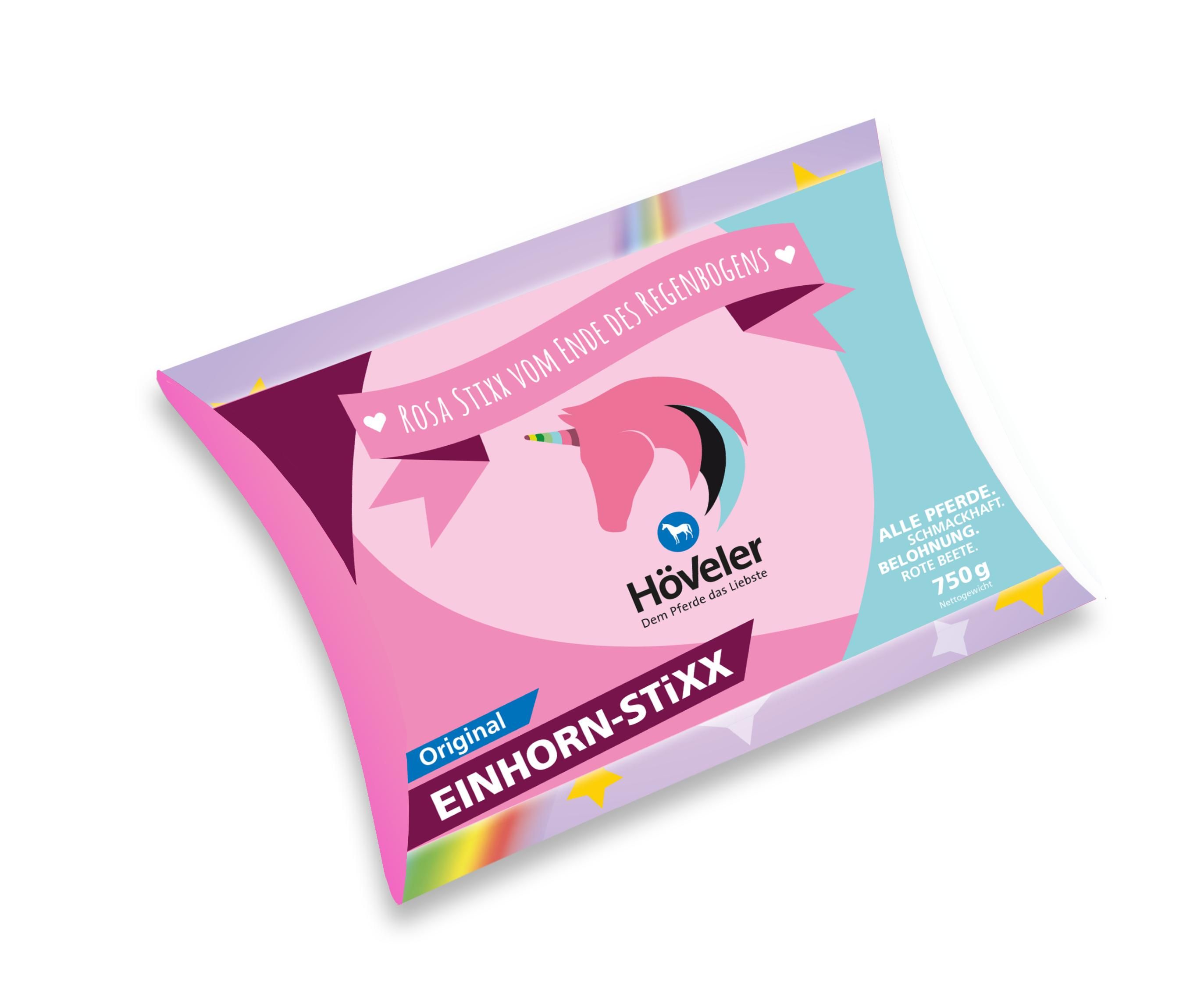 Rosa Verpackung mit dem Logo von Höveler. Text: „EINHORN-STiXX“, „ROSA STiXX VOM ENDE DES REGENBOGENS“ und „750g“.