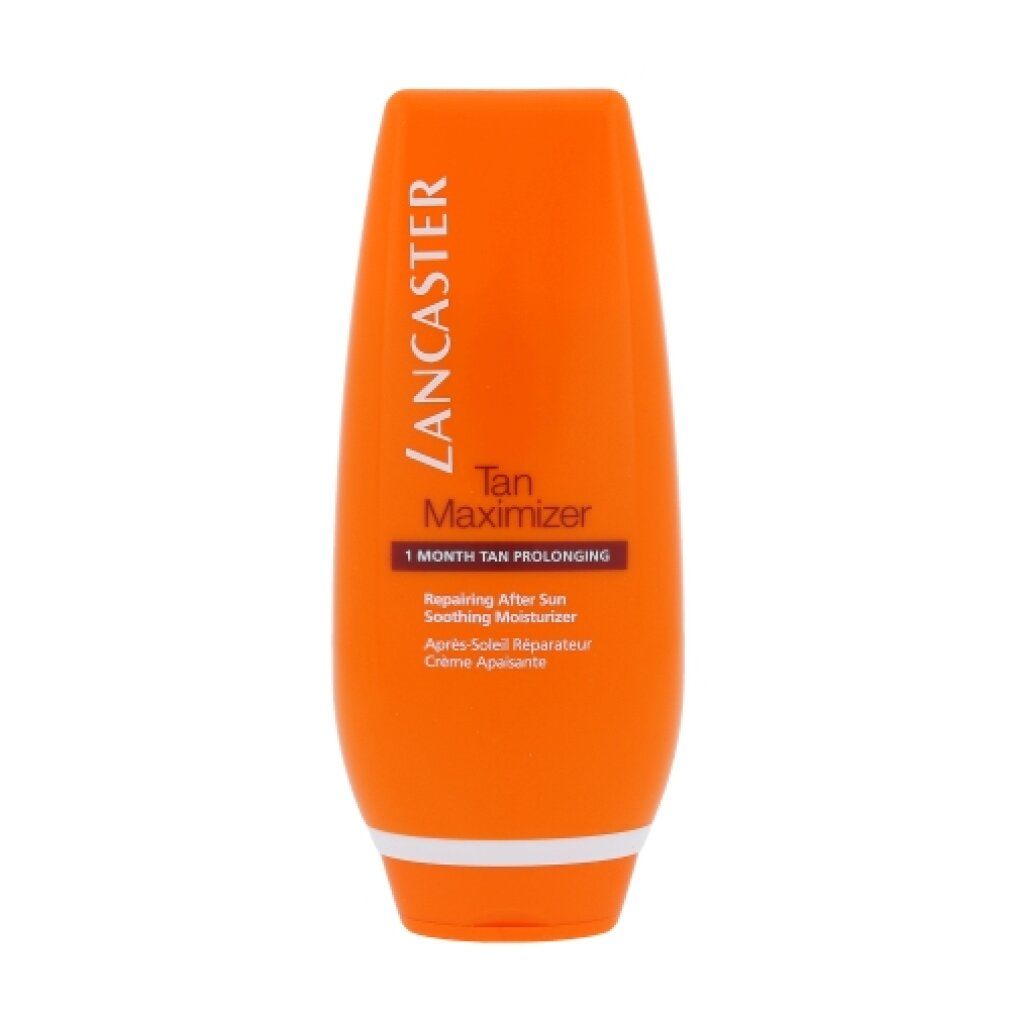 Orangefarbene Tube. Aufschrift: Lancaster, Tan Maximizer, 1 Month Tan Prolonging, Repairing After Sun Soothing Moisturizer.