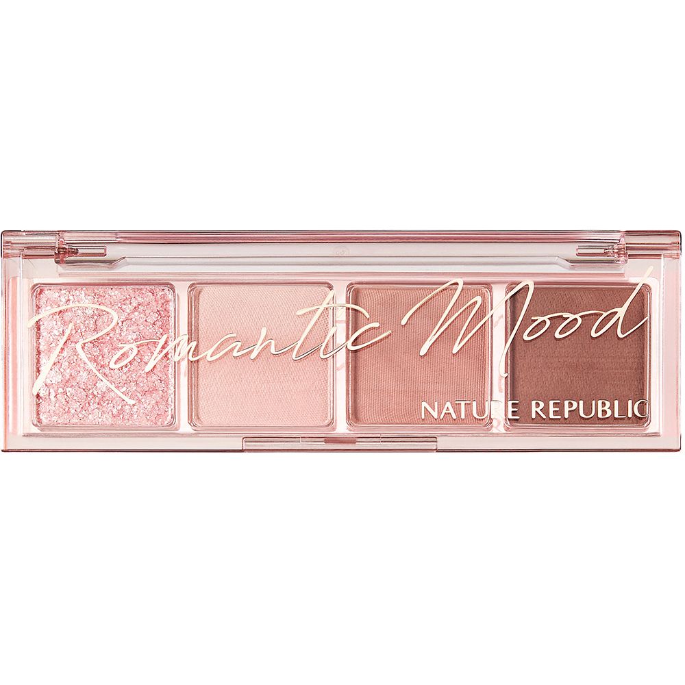 Lidschatten-Palette mit vier Farbtönen. Transparentes Gehäuse mit rosafarbenem Rahmen. Aufschrift "Romantic Mood" und "NATURE REPUBLIC".