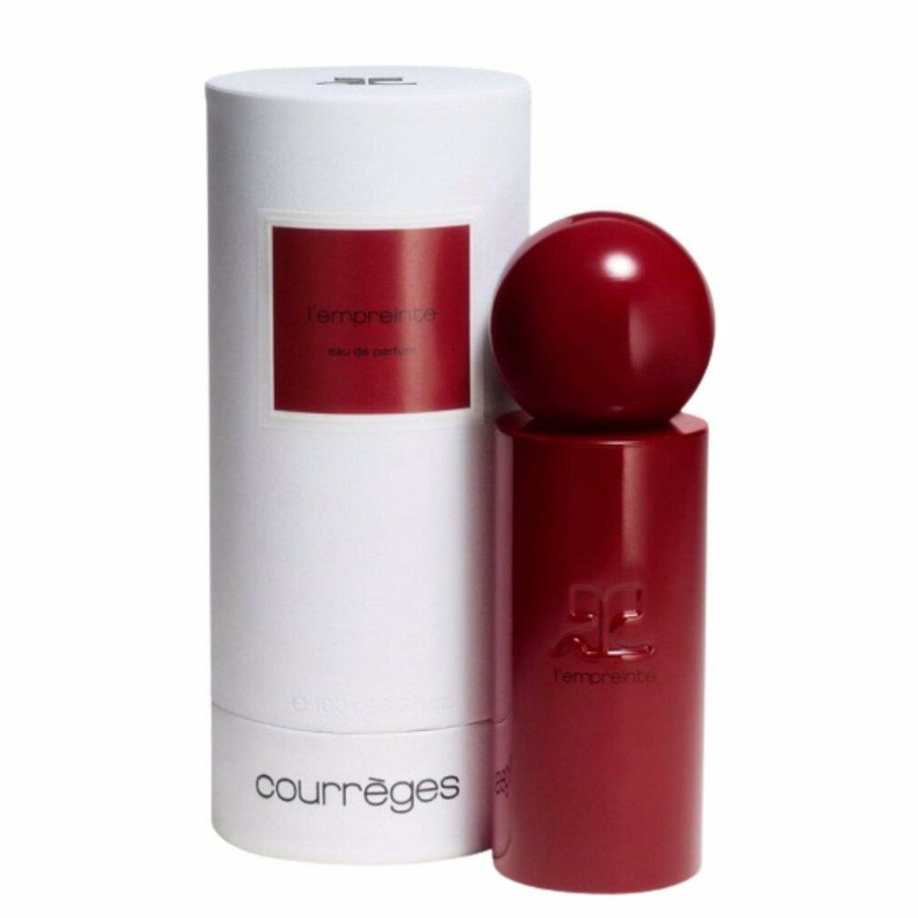 Roter Parfumflakon und weiße Verpackung. Flakon mit rundem Deckel. Verpackung mit rotem Etikett und Markenname. "Courrèges" Schriftzug.