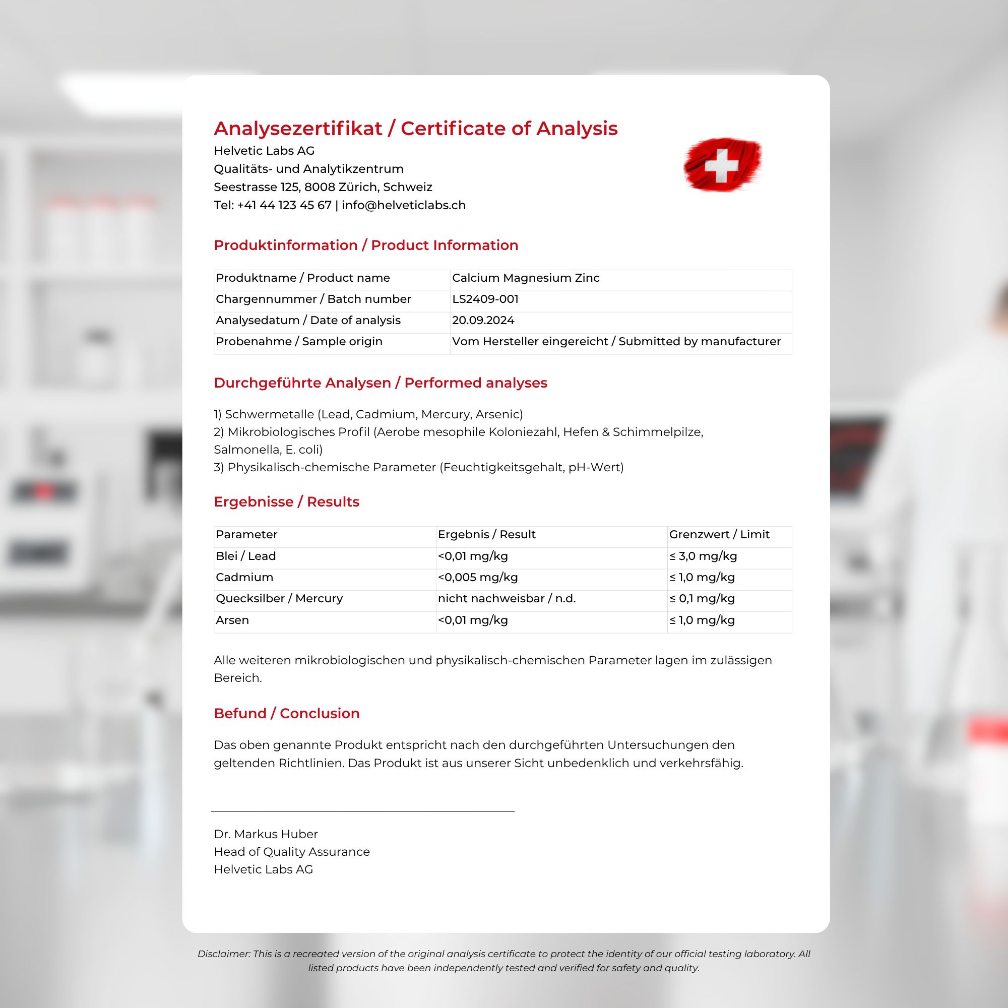 Analyse-Zertifikat. Text: Calcium Magnesium Zink. Ergebnisse und Grenzwerte. Unterschrift.