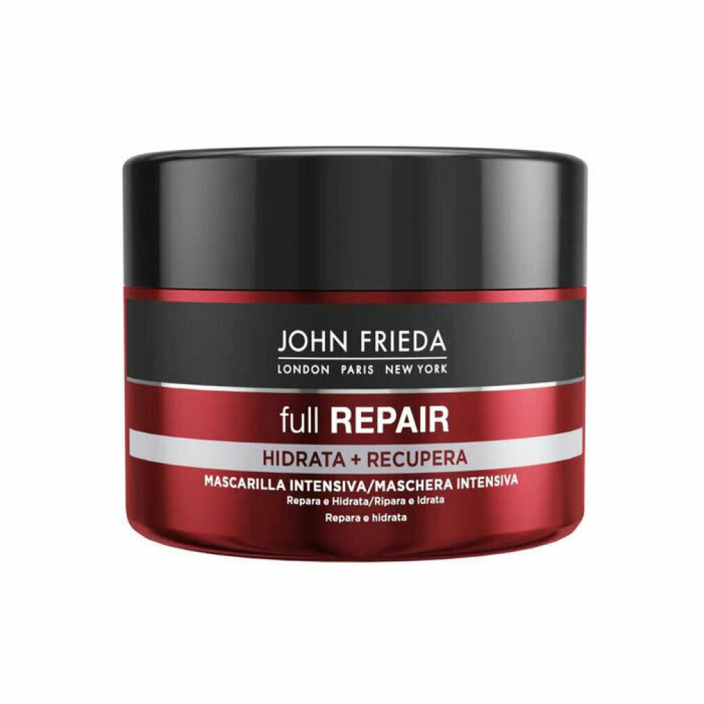 Roter Tiegel mit schwarzem Deckel. Aufschrift: John Frieda, full Repair, Hidrata + Recupera, Mascarilla Intensiva. Weiße Schrift.