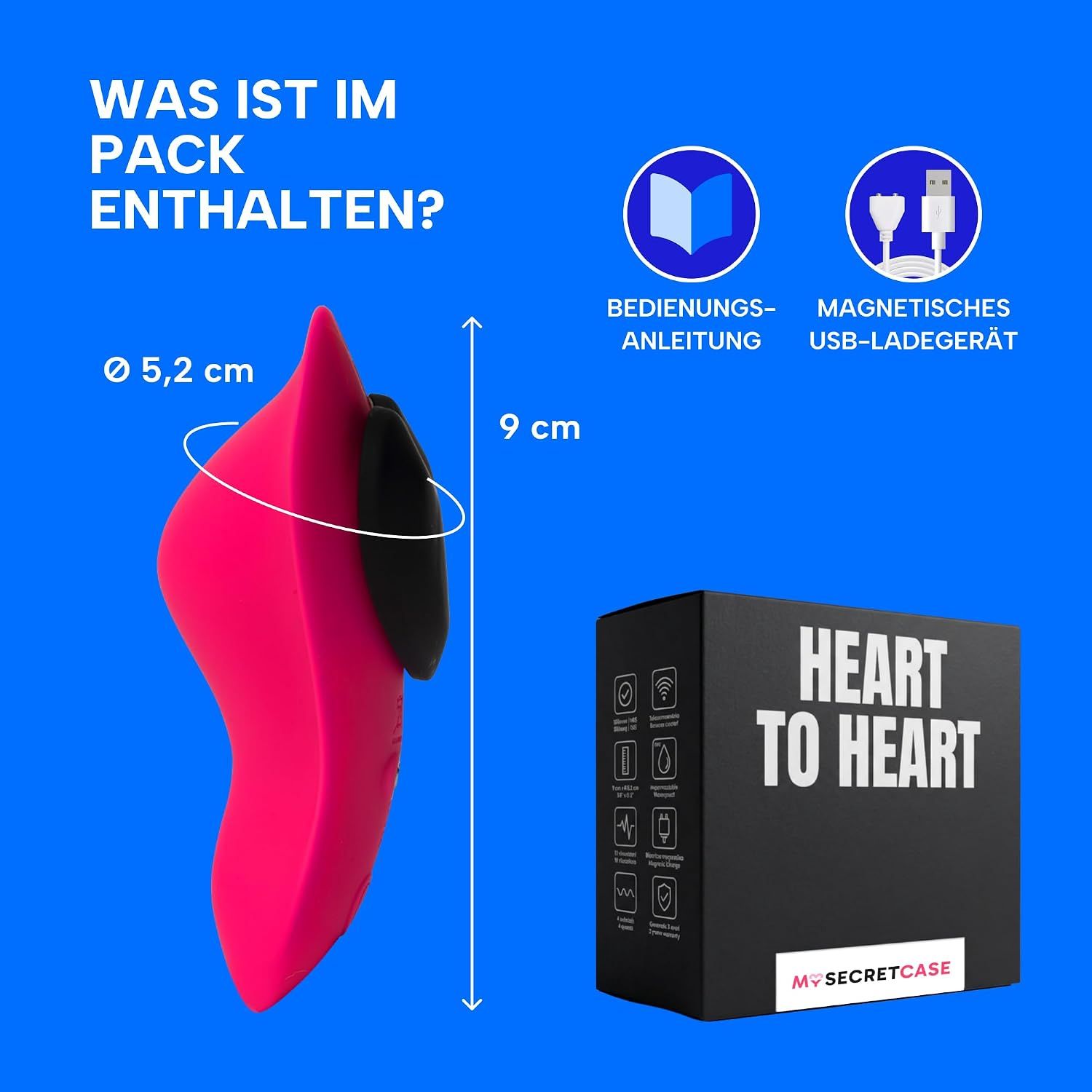 Pinker Vibrator, 9 cm lang, 5,2 cm Durchmesser, mit magnetischem Ladekabel und Anleitung.