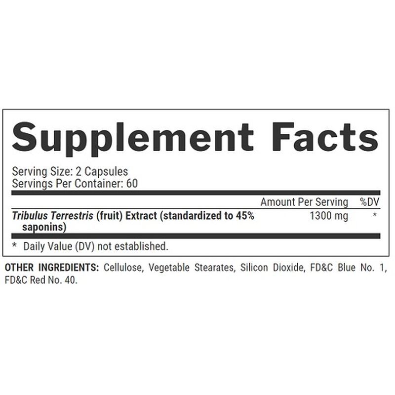 Nährwerttabelle. "Supplement Facts". 2 Kapseln pro Portion. Enthält Tribulus Terrestris Extrakt, 1300 mg pro Portion.