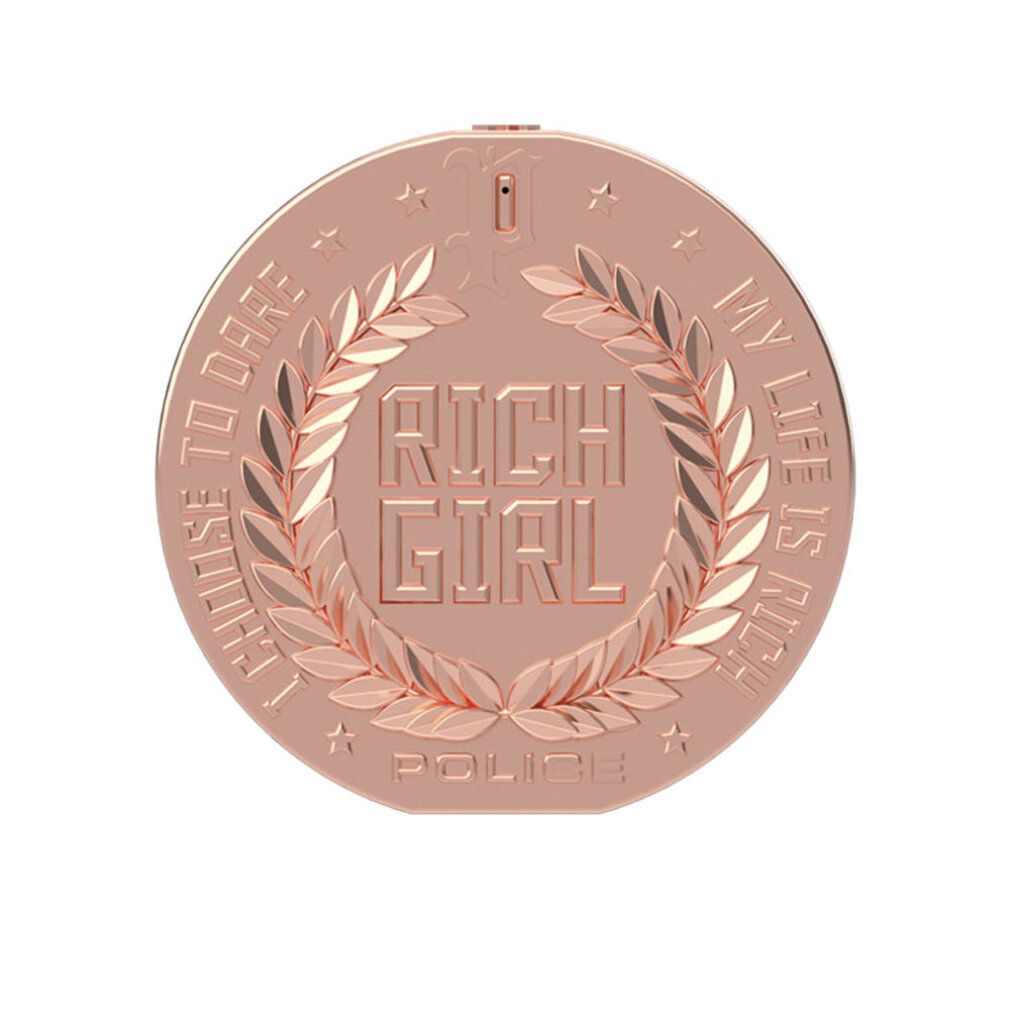 Runder, roségoldfarbener Flakon. Aufschrift "RICH GIRL" in Lorbeerkranz. Umrandet von "I CHOOSE TO DARE" und "MY LIFE IS RICH". Marke: POLICE.