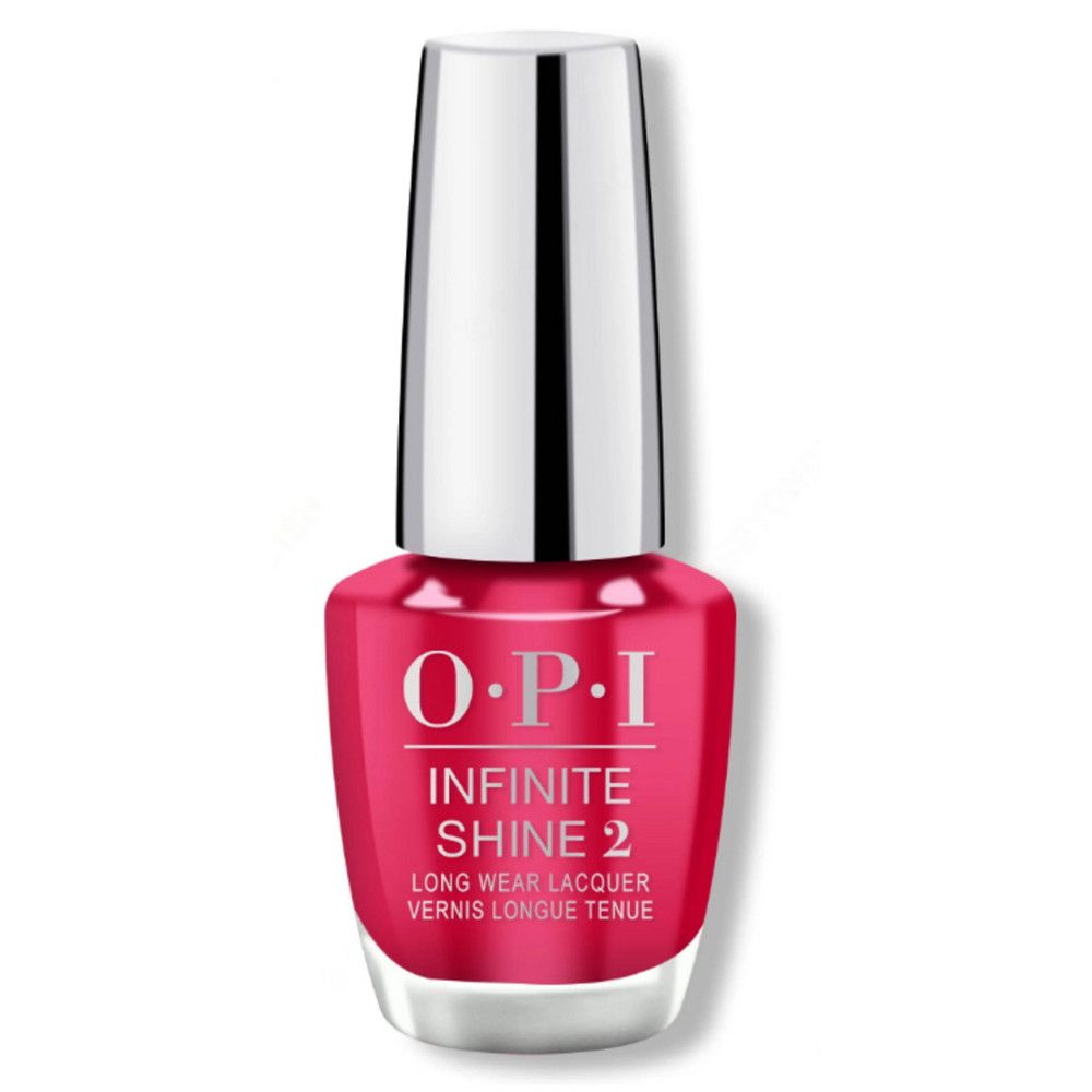 Nagellackflasche mit pinker Flüssigkeit. Silberner Deckel. OPI Infinite Shine 2 Schriftzug.