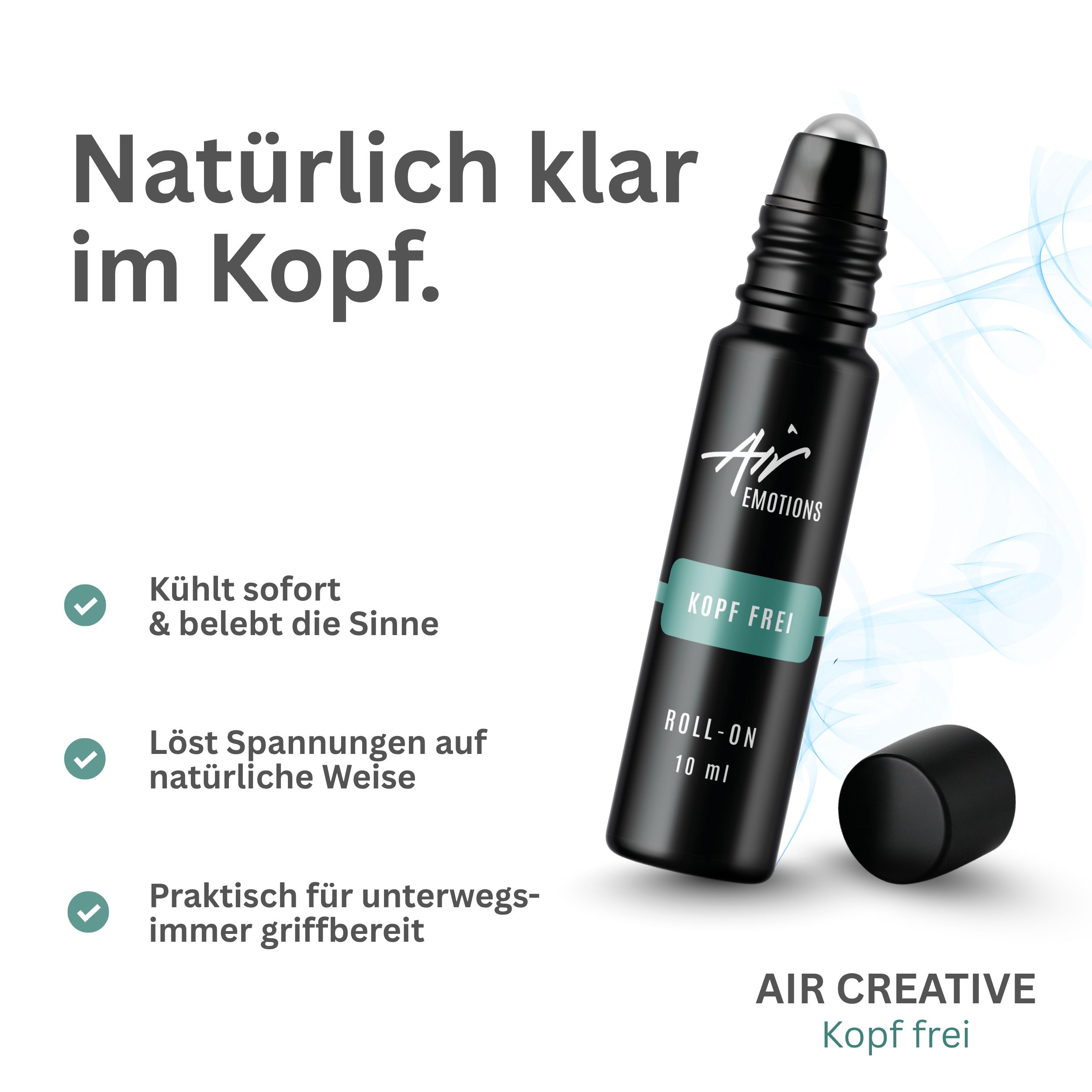 Schwarze Roll-On-Flasche mit "Kopf frei"-Etikett und Kappe. Text: "Air Emotions", "10 ml", und "Natürlich klar im Kopf".