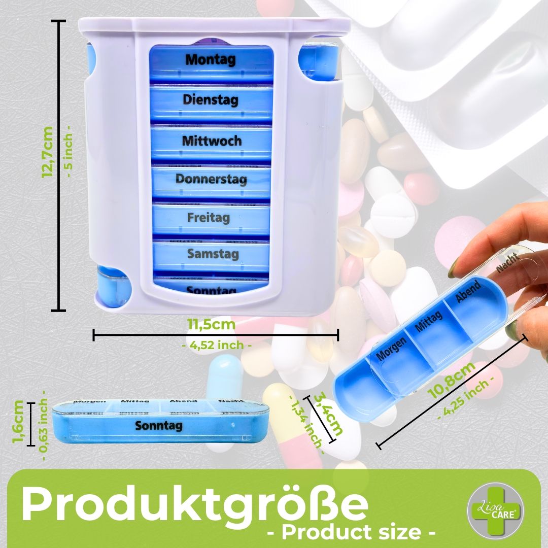Medikamentendosierer mit Maßen. Einzelne blaue Tablettenfächer mit Beschriftung. Pillen und Verpackung.