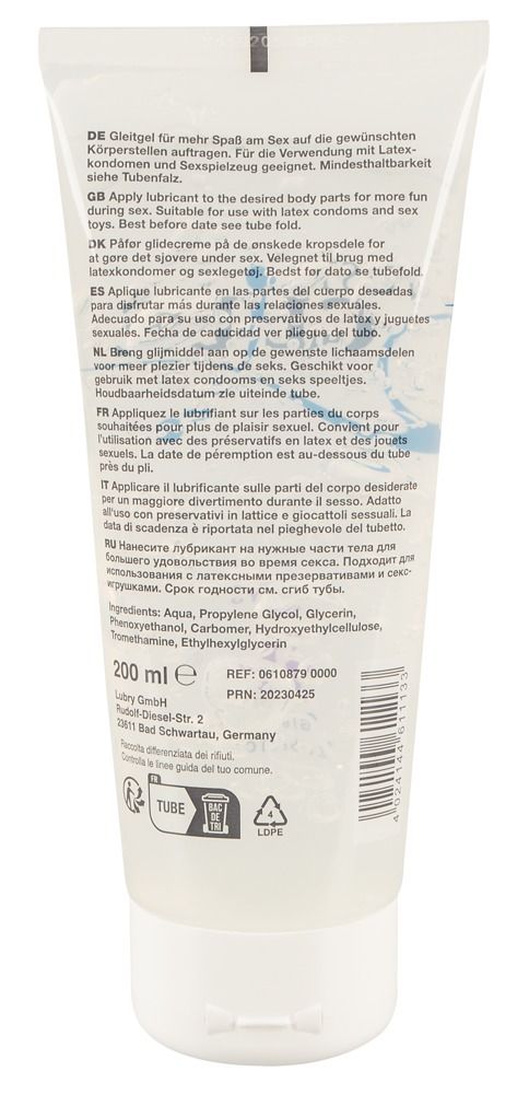 Rückseite einer Tube Gleitgel. Text in mehreren Sprachen. Inhaltsstoffe und Herstellerangaben. 200 ml.
