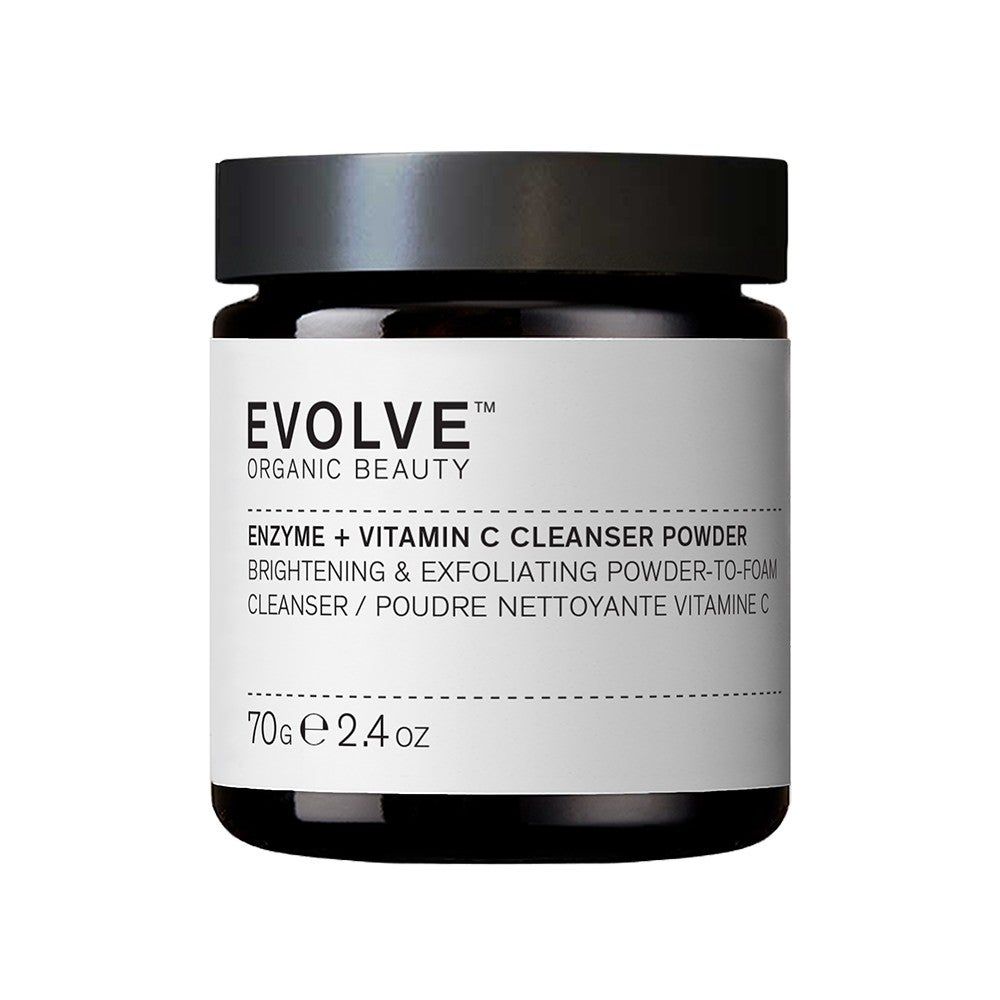 Schwarzes Glas mit Deckel. Aufschrift: EVOLVE ORGANIC BEAUTY, ENZYME + VITAMIN C CLEANSER POWDER. 70g e 2.4 oz.