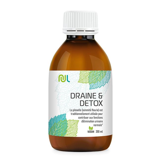 Braune Flasche mit weißem Deckel. Etikett mit Logo, Blättern und Text: Draine & Detox. Vegan.