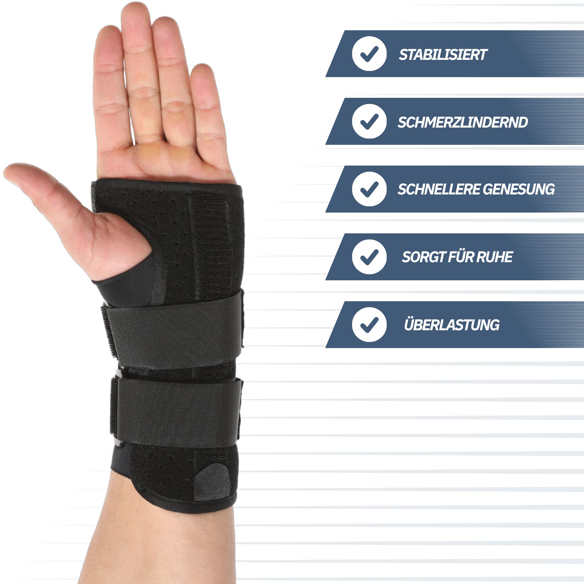 Schwarze Handgelenkbandage mit Klettverschlüssen und stabilisierenden Metalleinlagen.