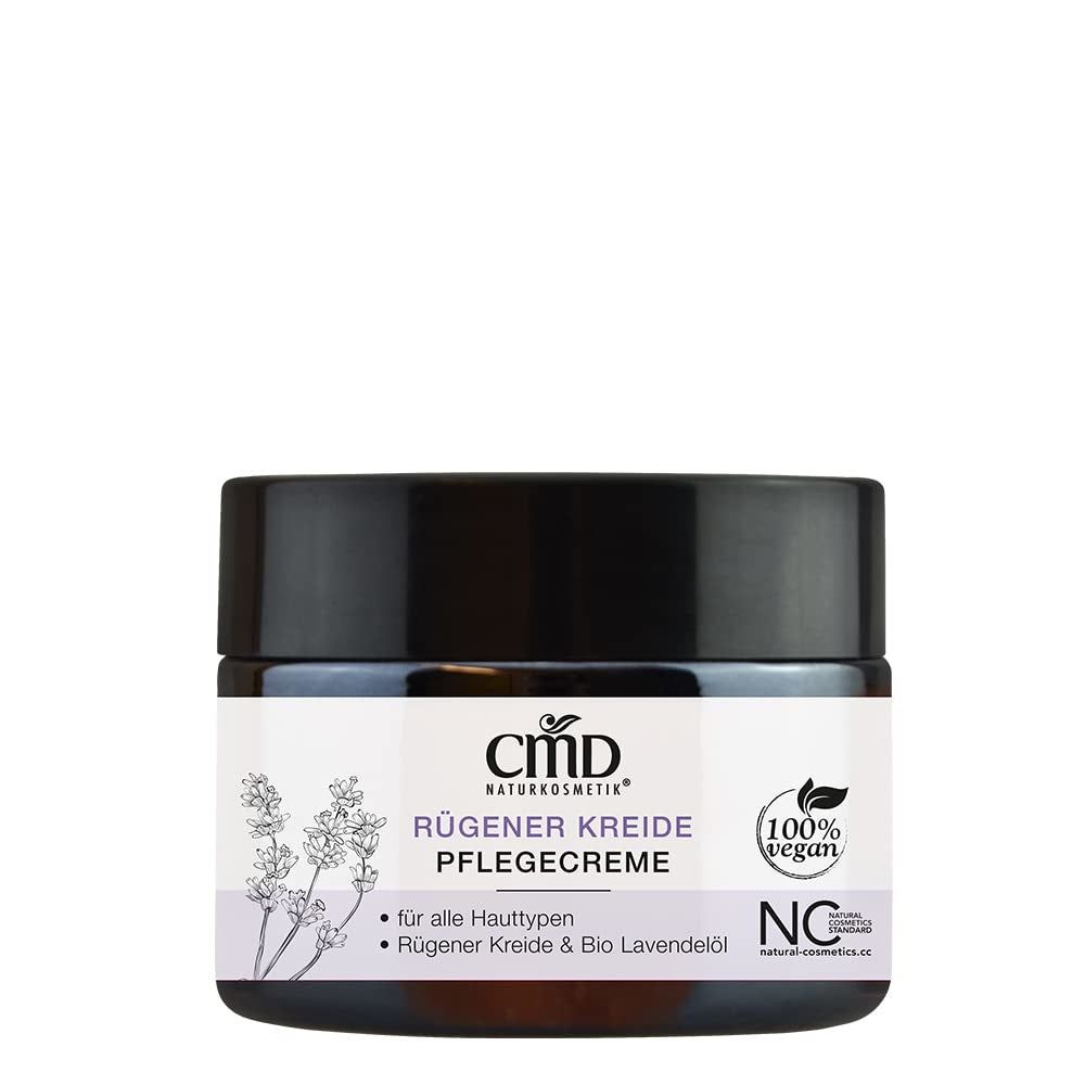 Creme-Tiegel mit schwarzem Deckel. Aufschrift: CMD Naturkosmetik, Rügener Kreide Pflegecreme. Vegan-Siegel. Text: für alle Hauttypen, Rügener Kreide & Bio Lavendelöl.