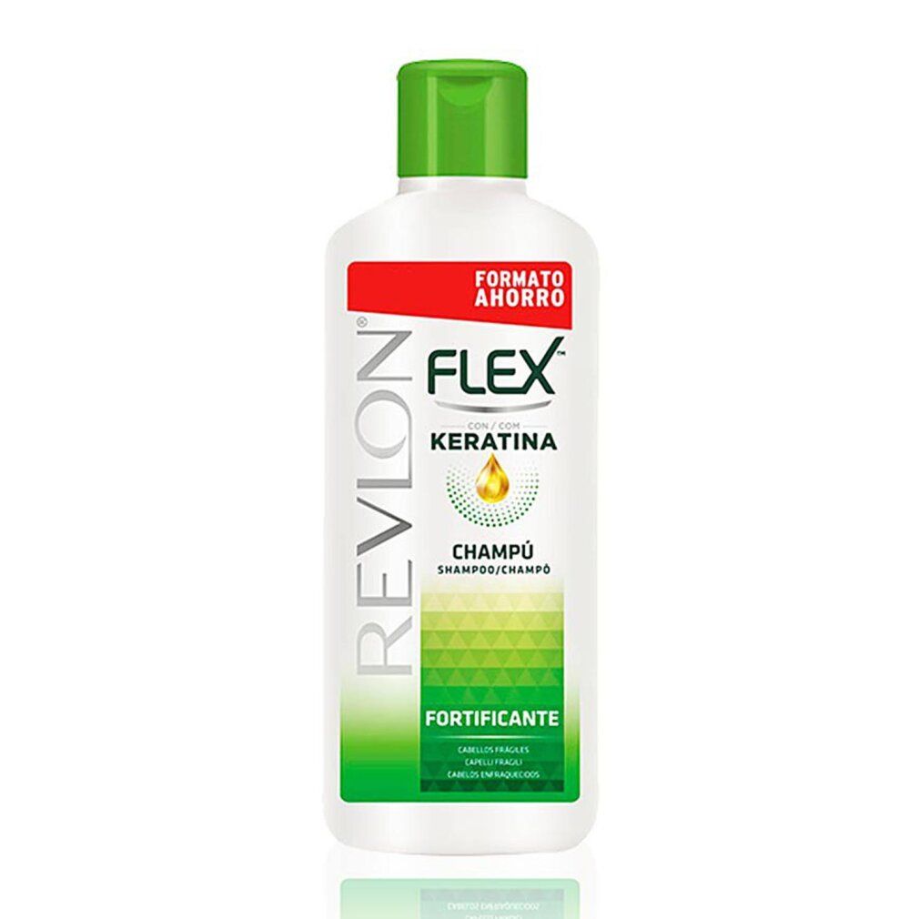 Weiße Shampoo-Flasche mit grünem Deckel. Aufschrift: Revlon Flex Keratina Champú Fortificante. Roter Bereich mit "Formato Ahorro".