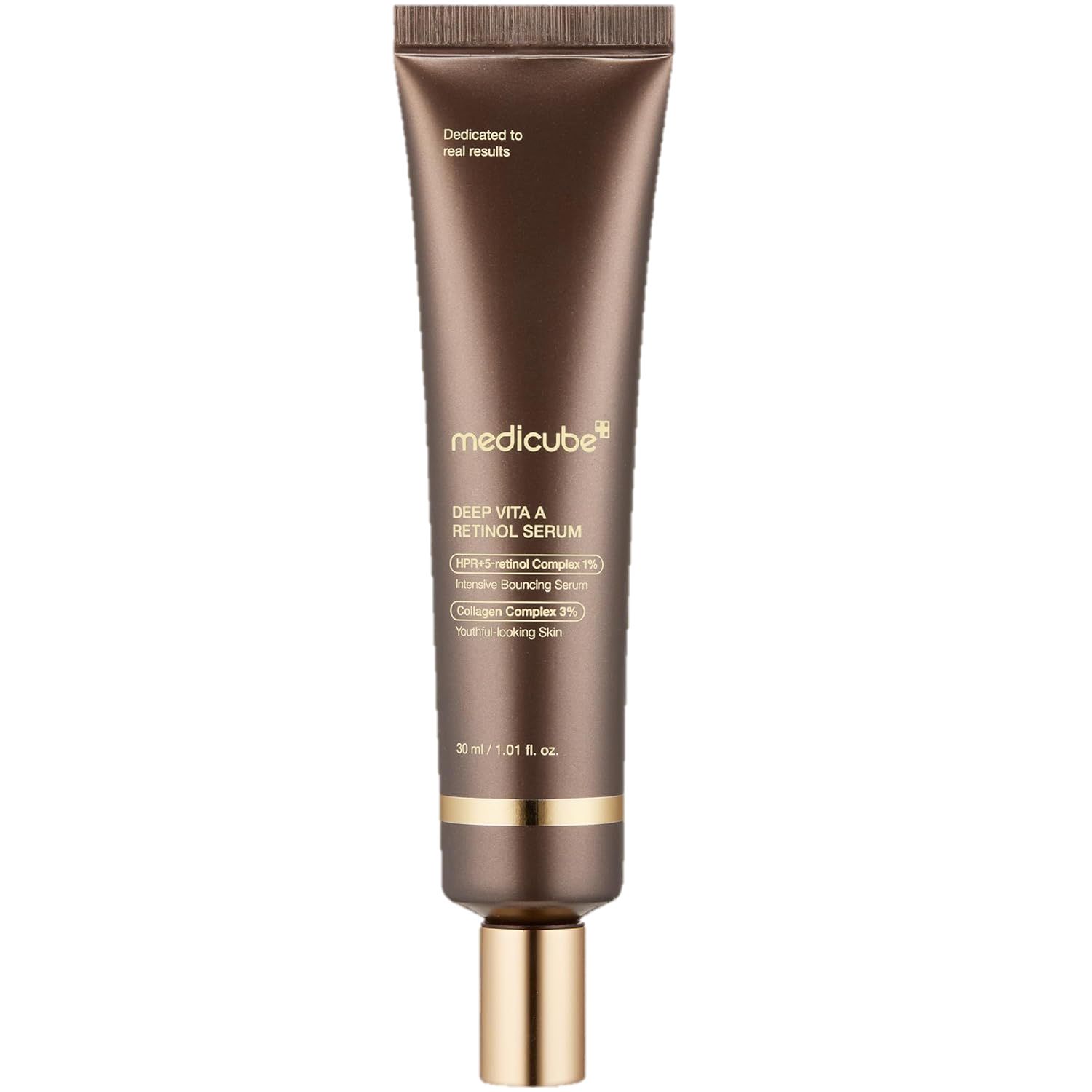 Braune Tube mit goldener Kappe. Produktname: Medicube Deep Vita A Retinol Serum. Text: 30 ml / 1.01 fl. oz.