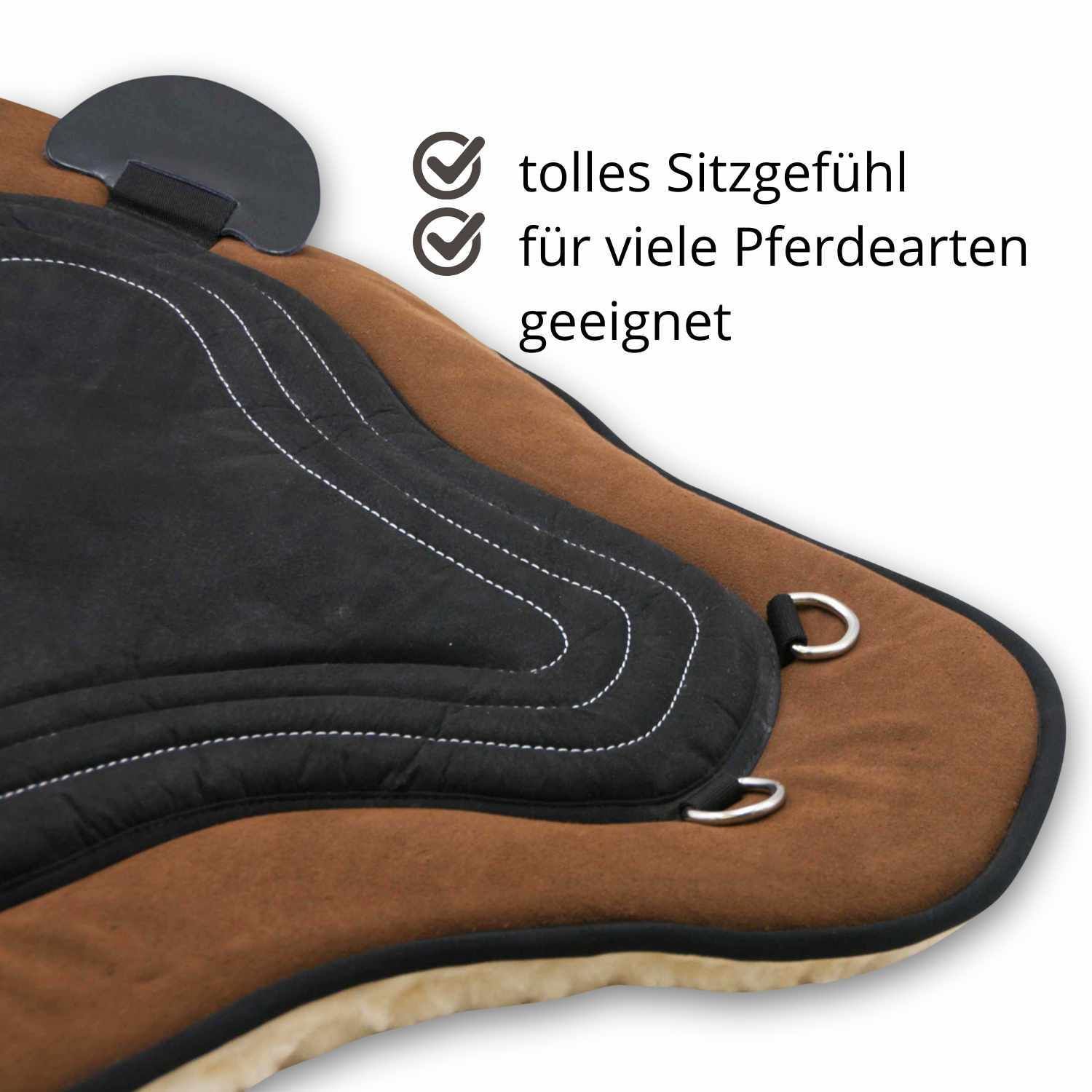 AMKA Soft Seat Bareback Pad. Detail. Text: tolles Sitzgefühl, für viele Pferdearten geeignet.