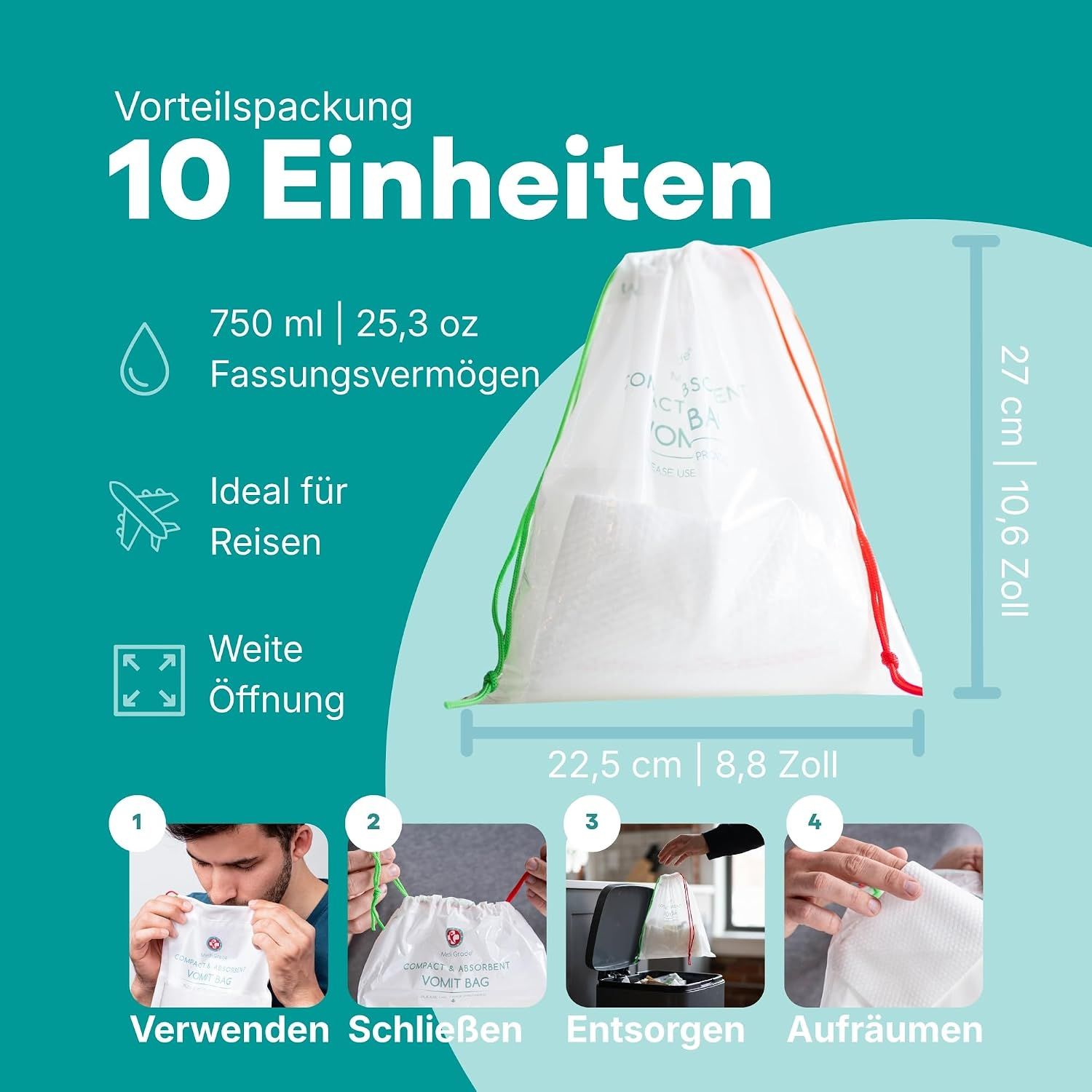 Weiße Beutel 'Vomit Bag' mit Schnur, Maße 22,5 x 27 cm, Fassungsvermögen 750 ml.