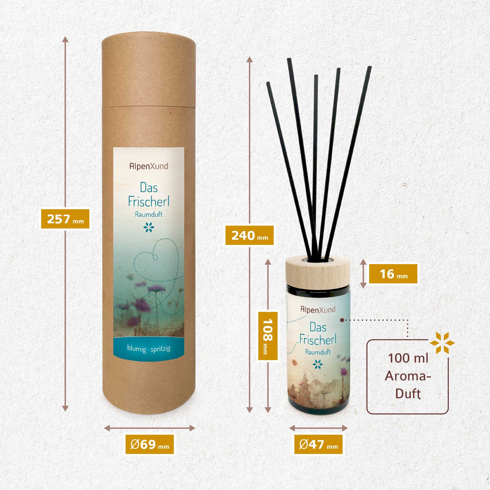 Zylinderförmige Verpackung und Flasche mit Stäbchen. Maße: 257x69mm, 108x47x16mm. Produktname und Text aufgedruckt.