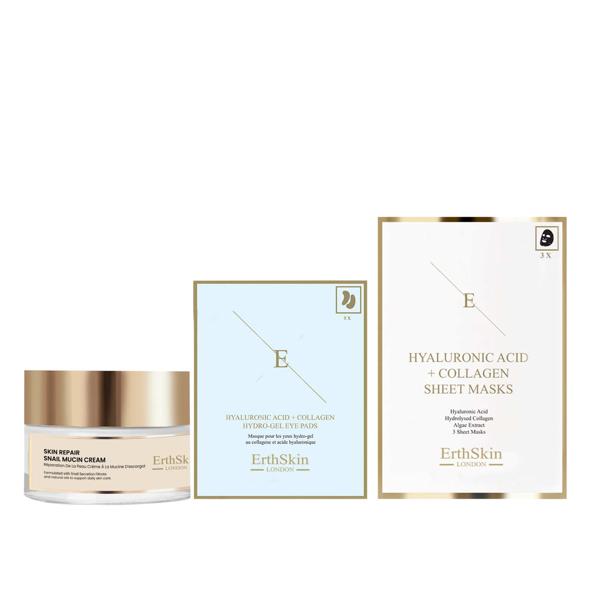 ErthSkin London Hautpflege-Set: Schneckencreme-Tiegel, Augenpads und Kollagen-Tuchmasken.