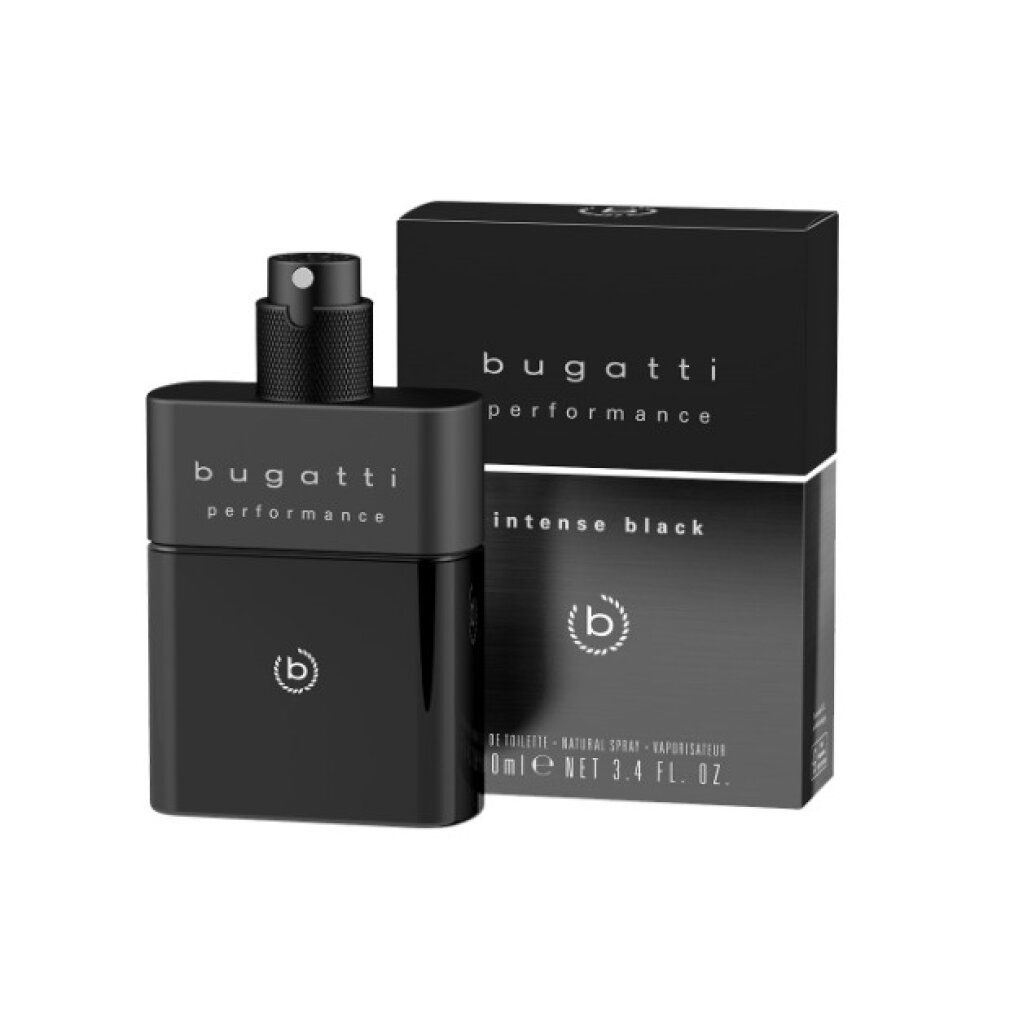 Schwarzer Flakon und Karton. Aufschrift: bugatti performance, intense black. Flakon mit Zerstäuber. Auf dem Karton ist das Logo (b) abgebildet.