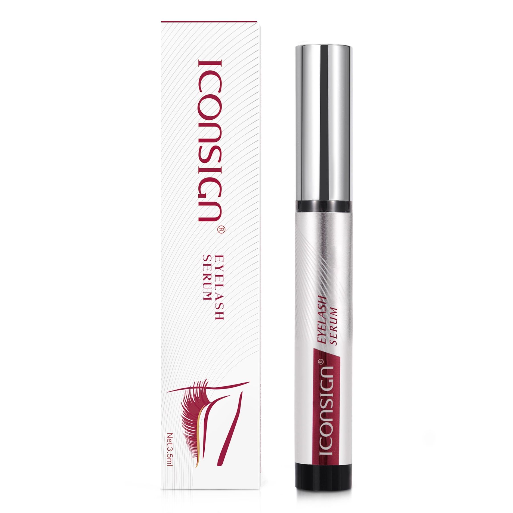 Produktverpackung mit Schriftzug. Flasche und Verpackung mit Produktnamen. Flasche mit Applikator. Weißer Hintergrund.