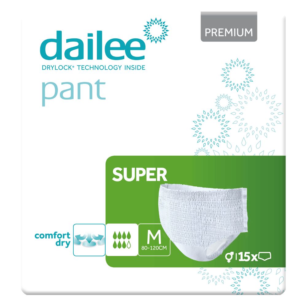 Dailee Pants Super Inkontinenz Windelhosen, Größe M, 80-120cm, 15 Stück. Verpackung mit Produktabbildung und Produktinformationen.
