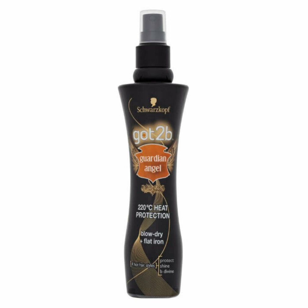 Schwarzkopf got2b Guardian Angel Hitzeschutzspray. Schwarze Flasche mit Sprühkopf. Text: 220°C Hitzeschutz, blow-dry + flat iron.