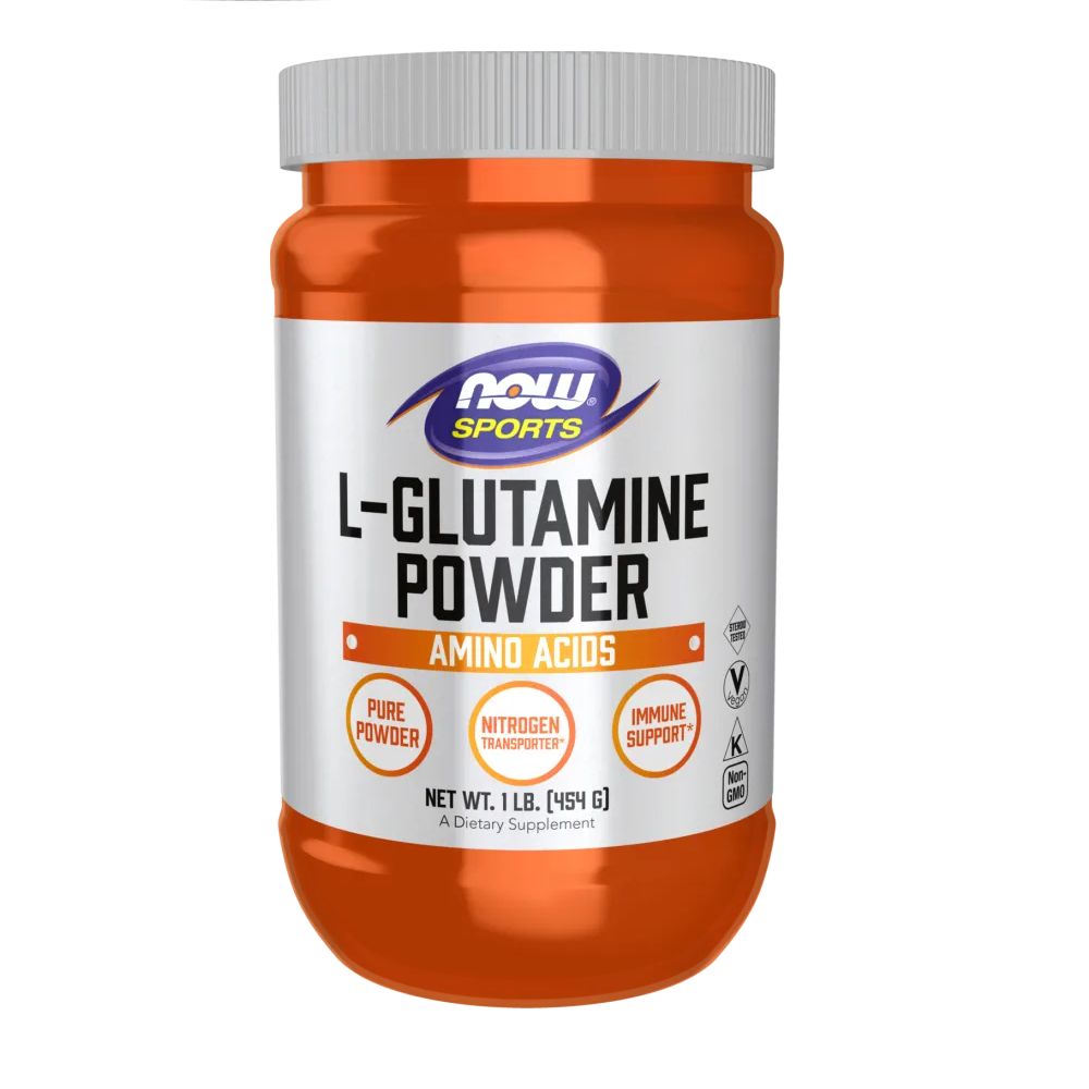Orangefarbene Dose mit weißem Deckel. Aufschrift: L-Glutamin Powder, Amino Acids, Now Sports. Nettoinhalt: 1 lb. (454 g).