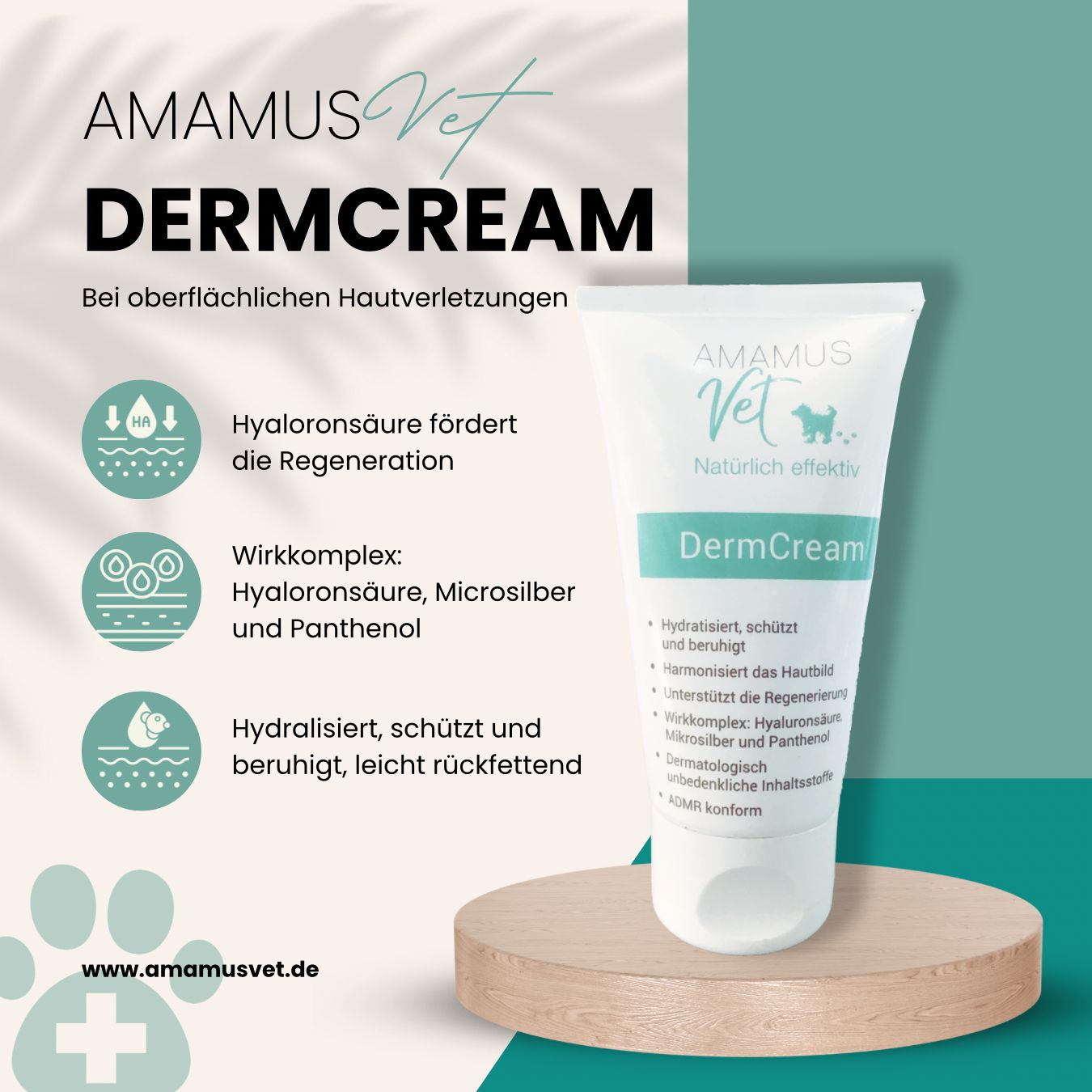 AMAMUS Vet DermCream-Tube auf Podest. Produktname und Informationen. Hintergrund mit Icons und Text. Website-Adresse.