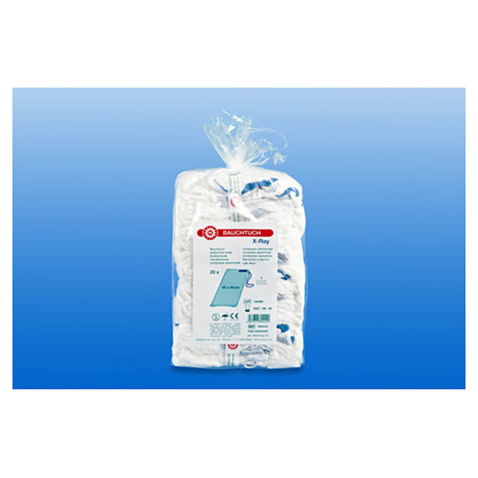 Verpackung mit weißen, vorgewaschenen Bauchtüchern. Klarsichtfolie. Etikett mit Produktinformationen und Größenangabe.