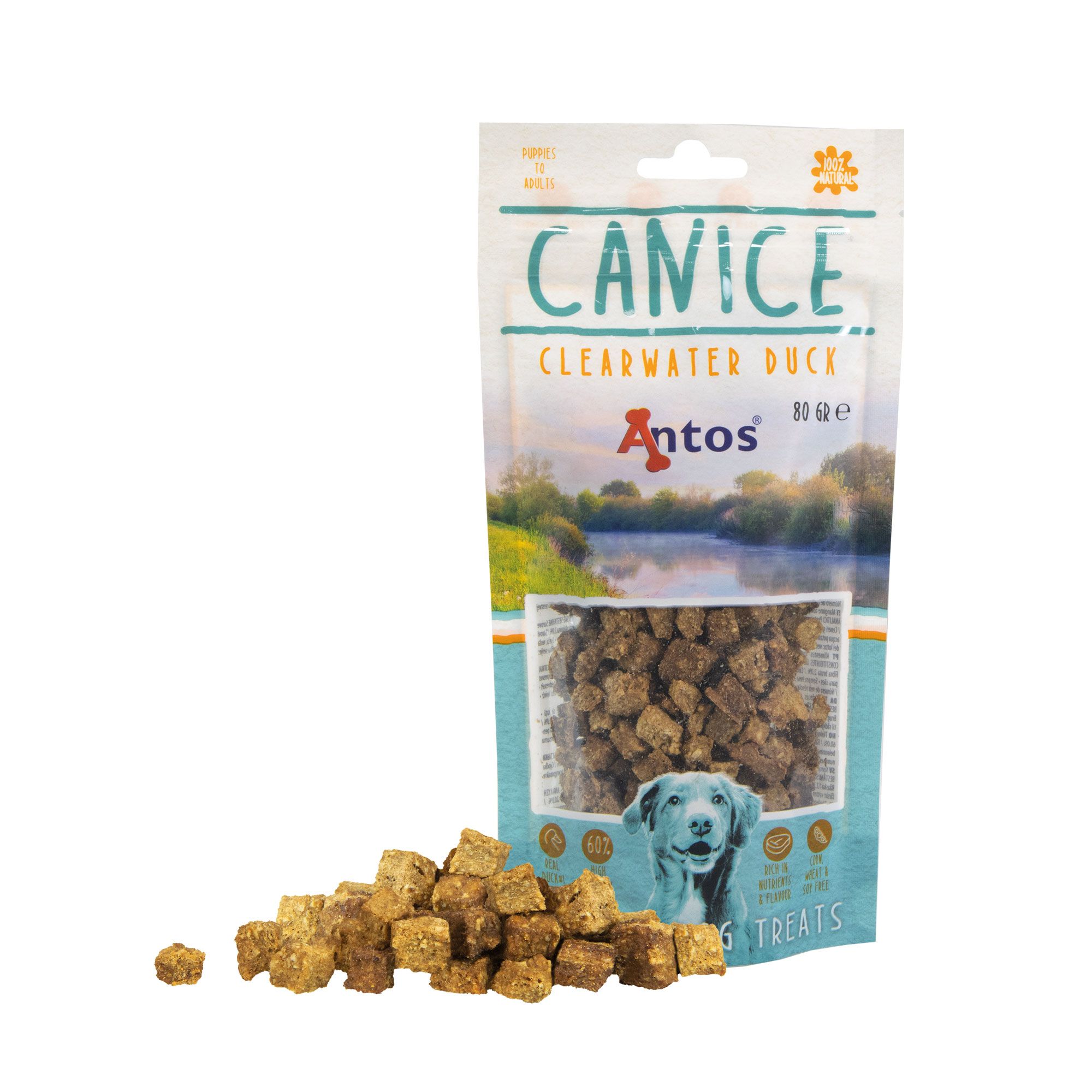 Beutel Hundesnack, Marke CANICE, Sorte Clearwater Duck, mit Würfeln. Aufdruck: Antos, 80g, Hund. Einige Würfel daneben.